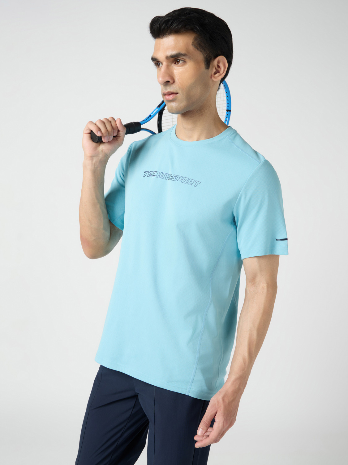 Image of TECHNOSPORT Typography Men Round Neck Light Blue T-Shirt
