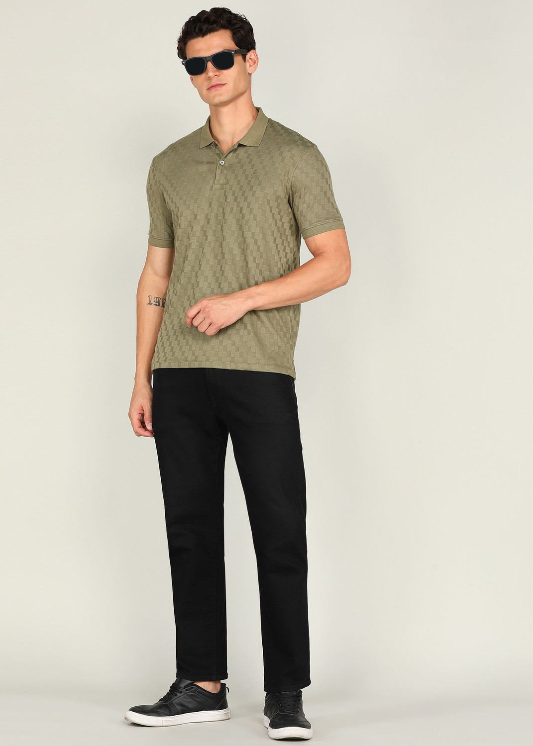 Image of PETER ENGLAND Checkered Men Polo Neck Light Green T-Shirt