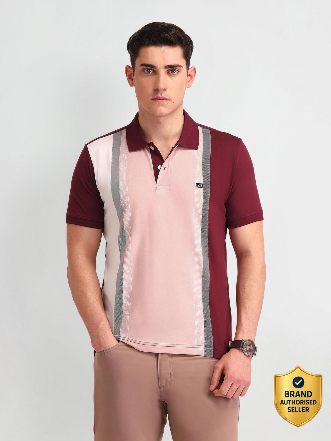Image of Arrow Sport Striped Men Polo Neck Red, Pink T-Shirt