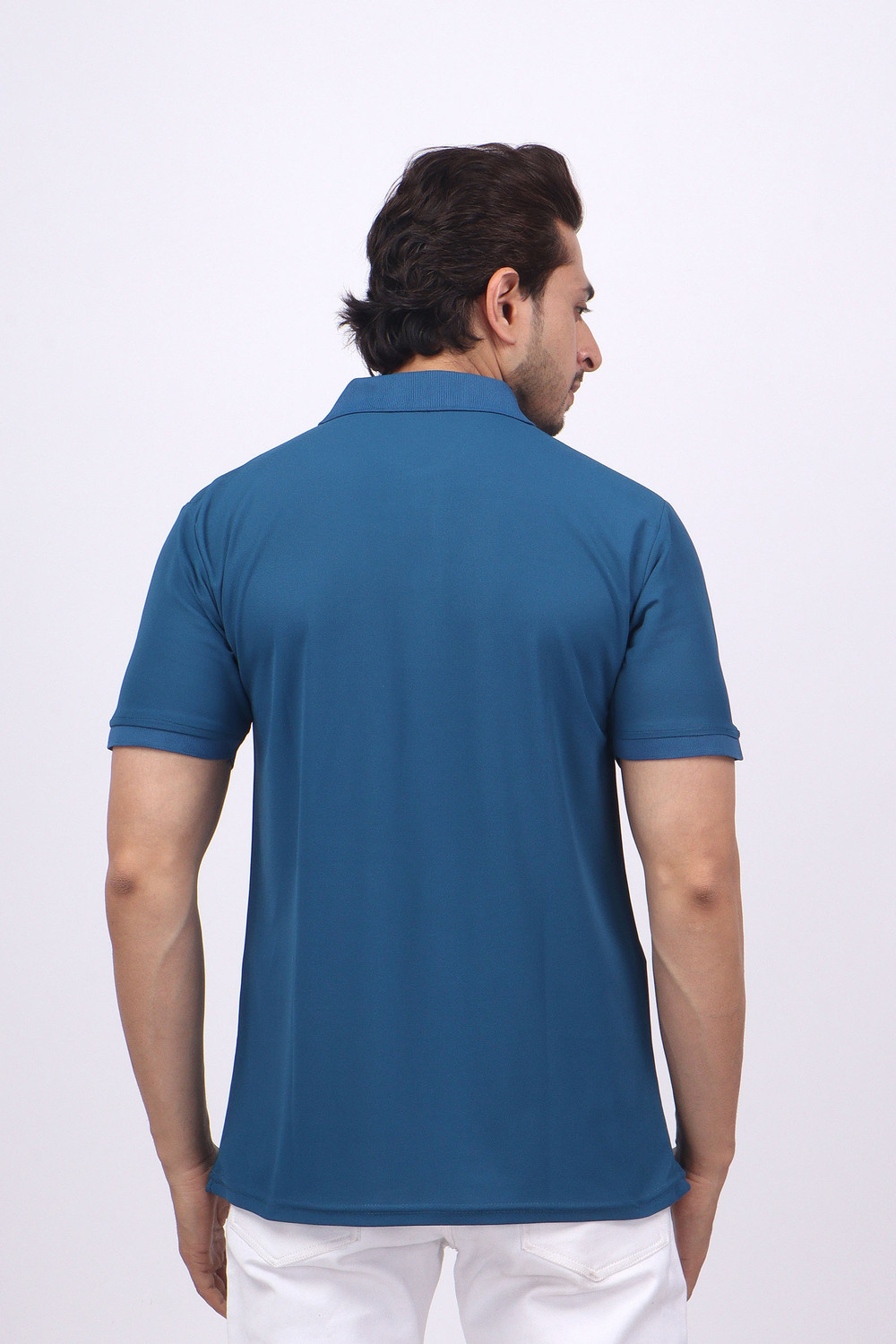 Image of swagfit Men Solid Polo Neck Cotton Blend Blue T-Shirt