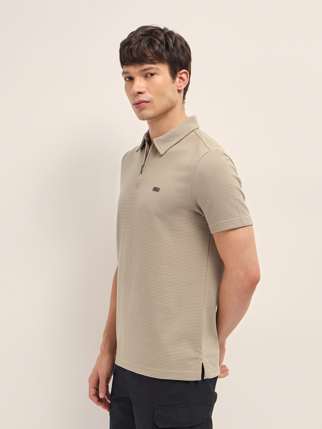 Image of THE BEAR HOUSE Self Design Men Polo Neck Beige T-Shirt