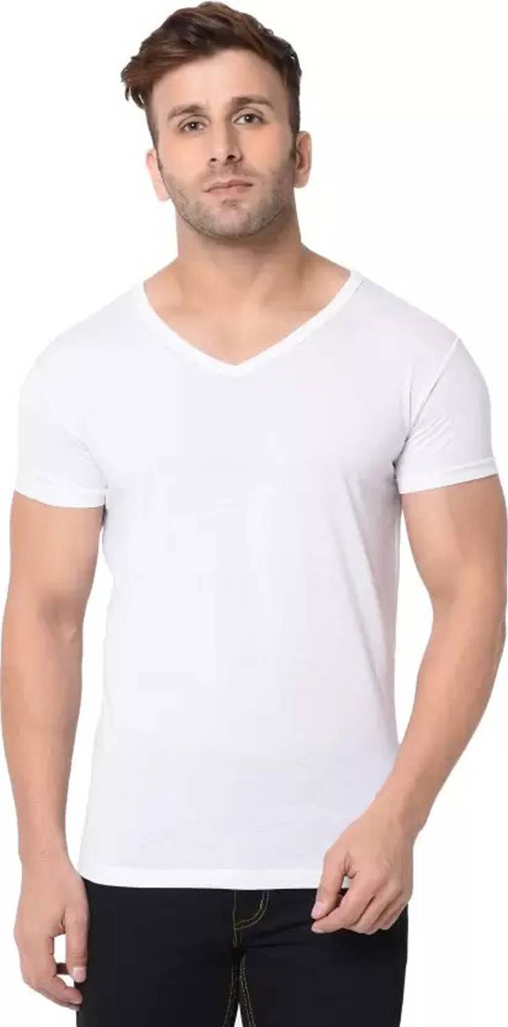 RLP Men Solid V Neck Polyester White T-Shirt