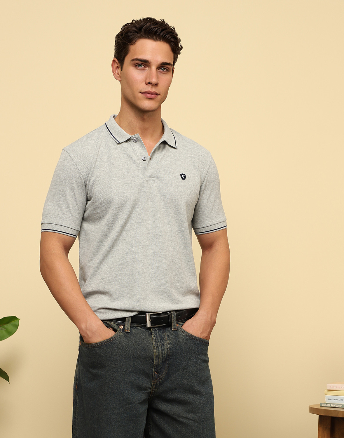 Image of VAN HEUSEN Solid Men Polo Neck Grey T-Shirt