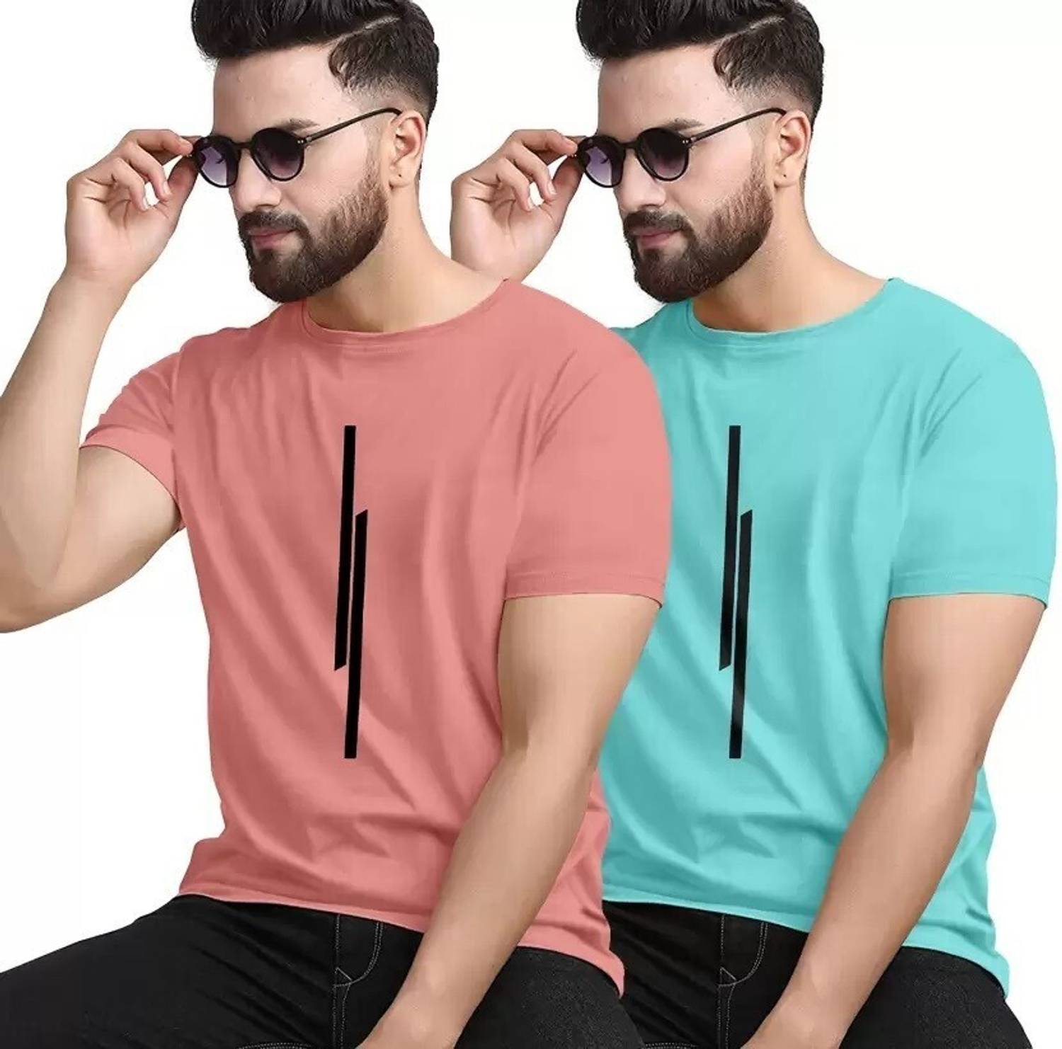 REVIZO Pack of 2 Men Solid Round Neck Polyester Blue T-Shirt