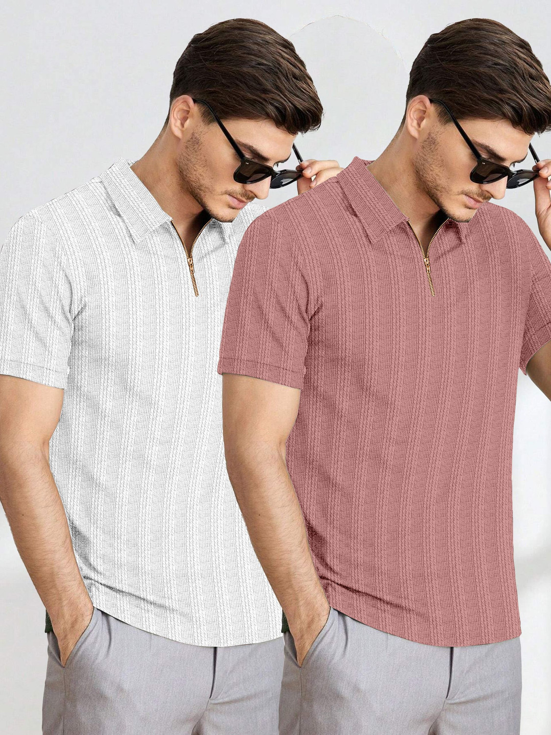 Image of COMBRAIDED Striped Men Zip Neck Light Green T-Shirt
