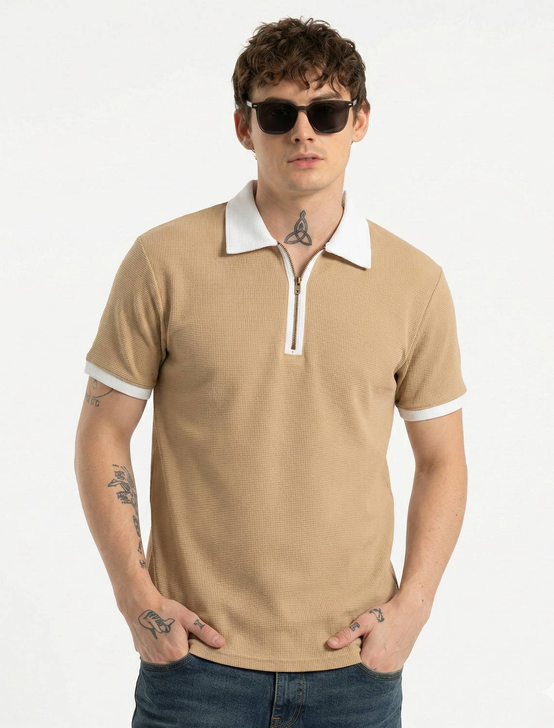 Bairagi Self Design Men Polo Neck Beige, White T-Shirt