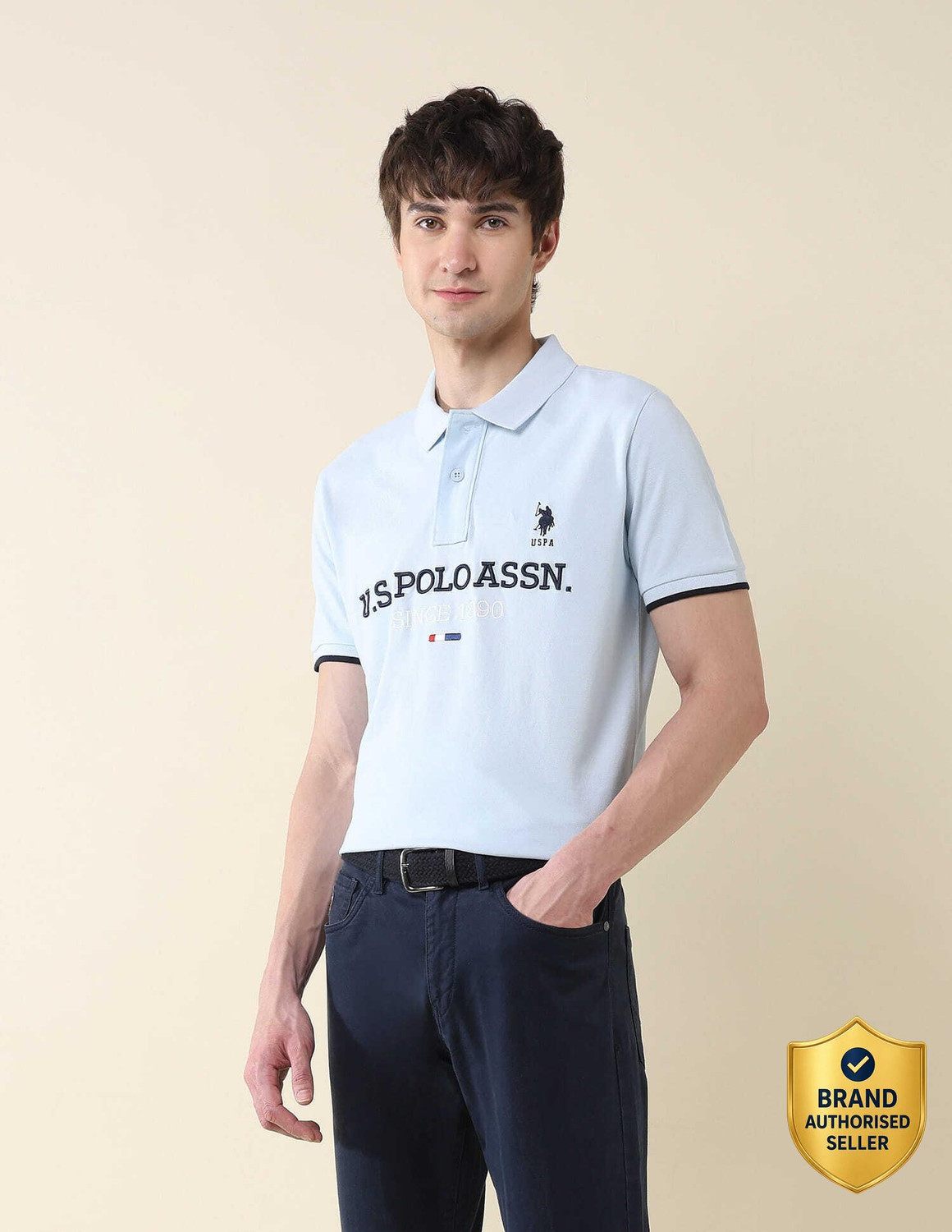 Image of U.S. POLO ASSN. Embroidered Men Polo Neck Light Blue T-Shirt