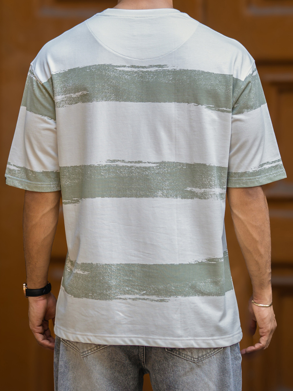 Image of MANIAC Striped Men Round Neck Green T-Shirt