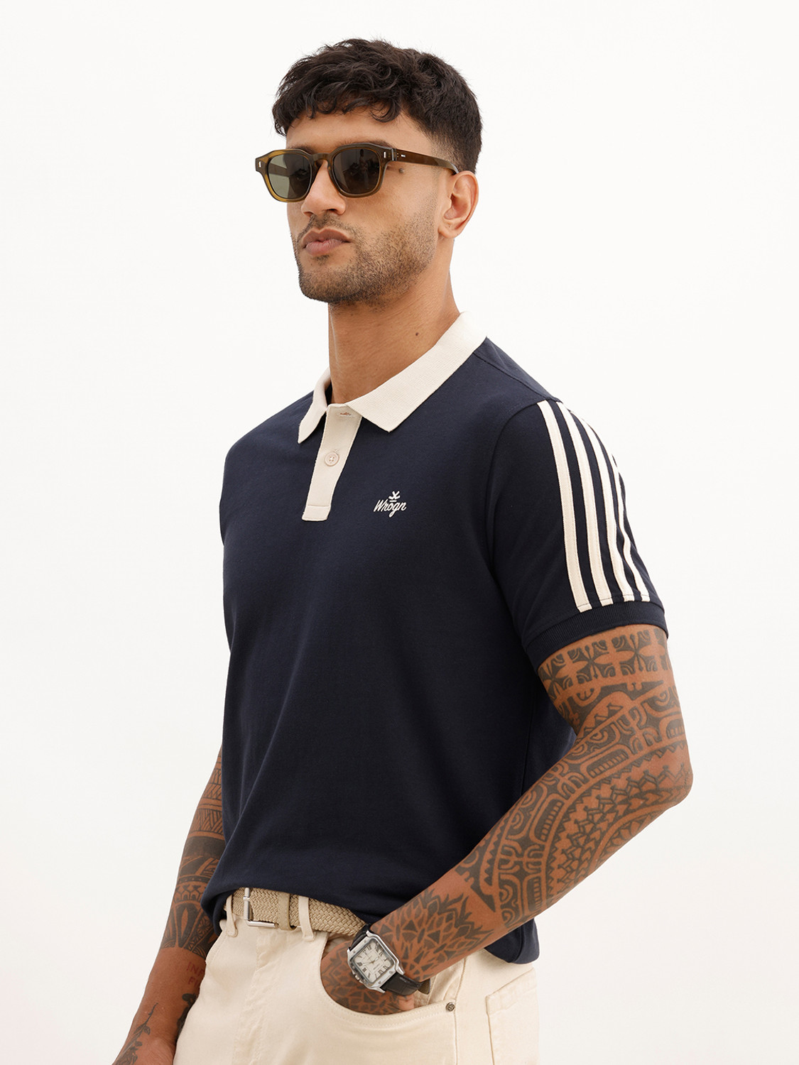 Image of WROGN Solid Men Polo Neck Navy Blue T-Shirt