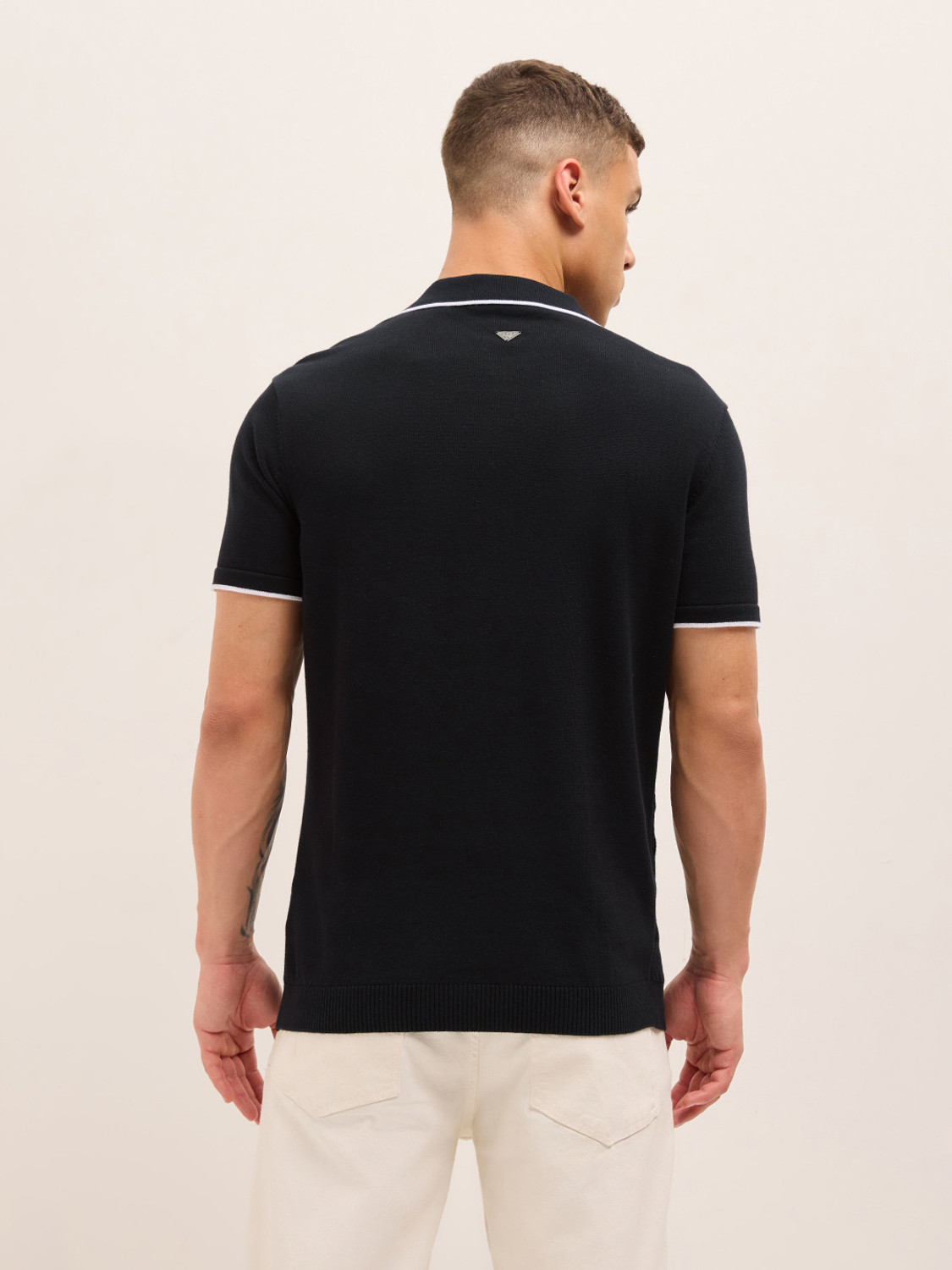 Image of THE BEAR HOUSE Self Design Men Polo Neck Black T-Shirt