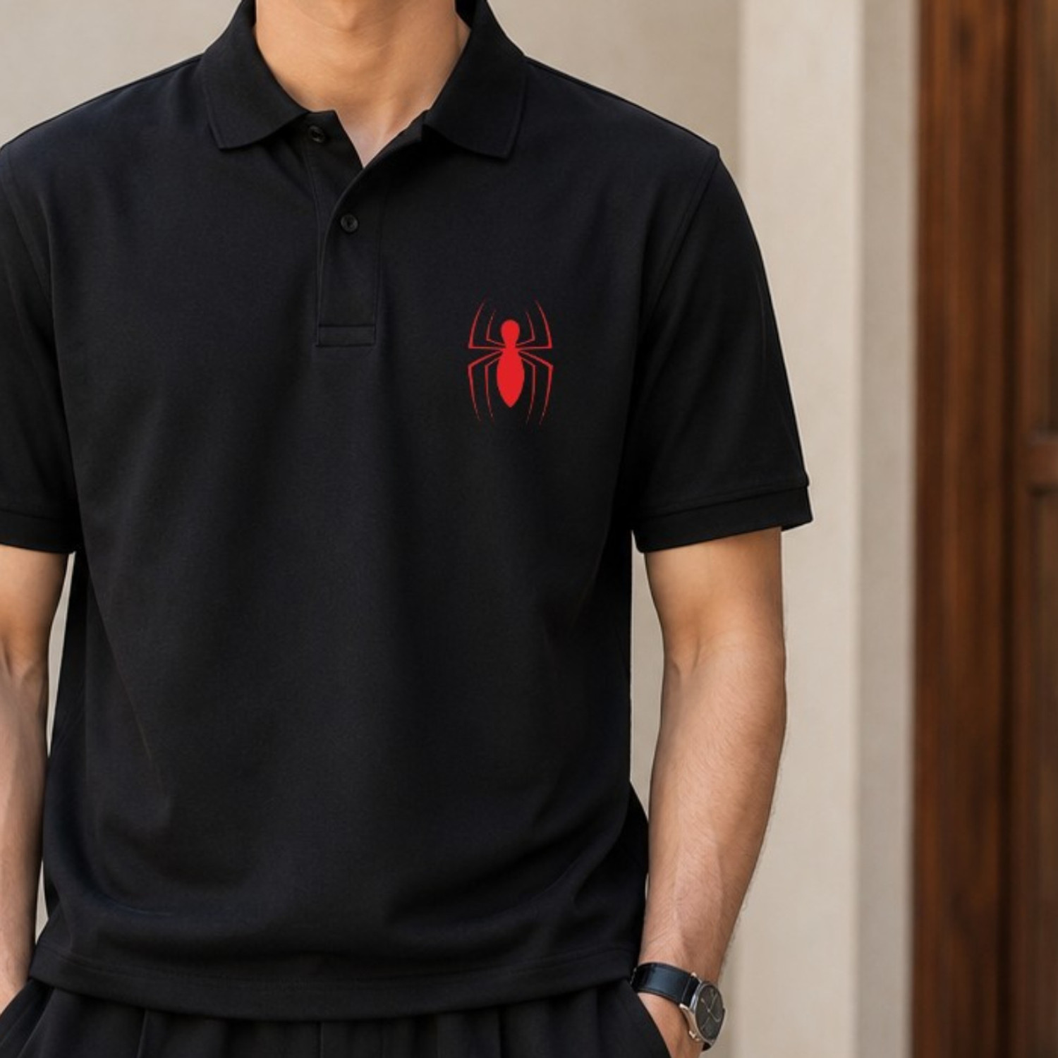 Image of MARVEL By Metronaut Printed Men Polo Neck Black T-Shirt