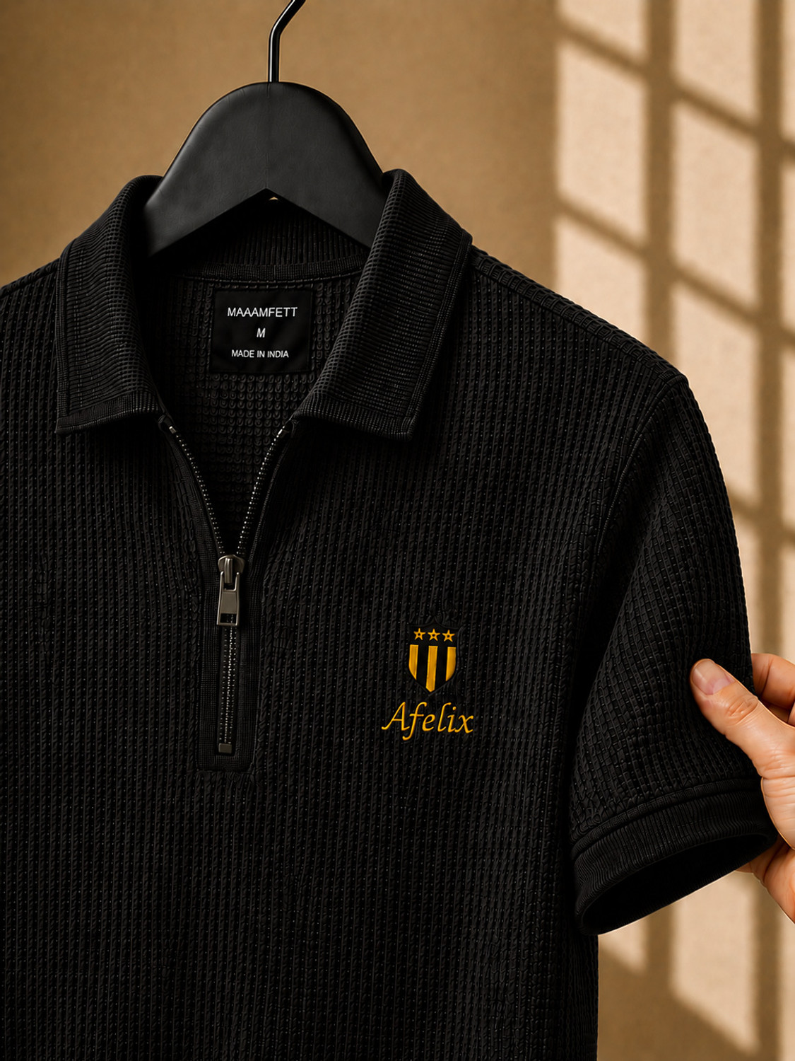 Image of Afelix Self Design Men Zip Neck Black T-Shirt