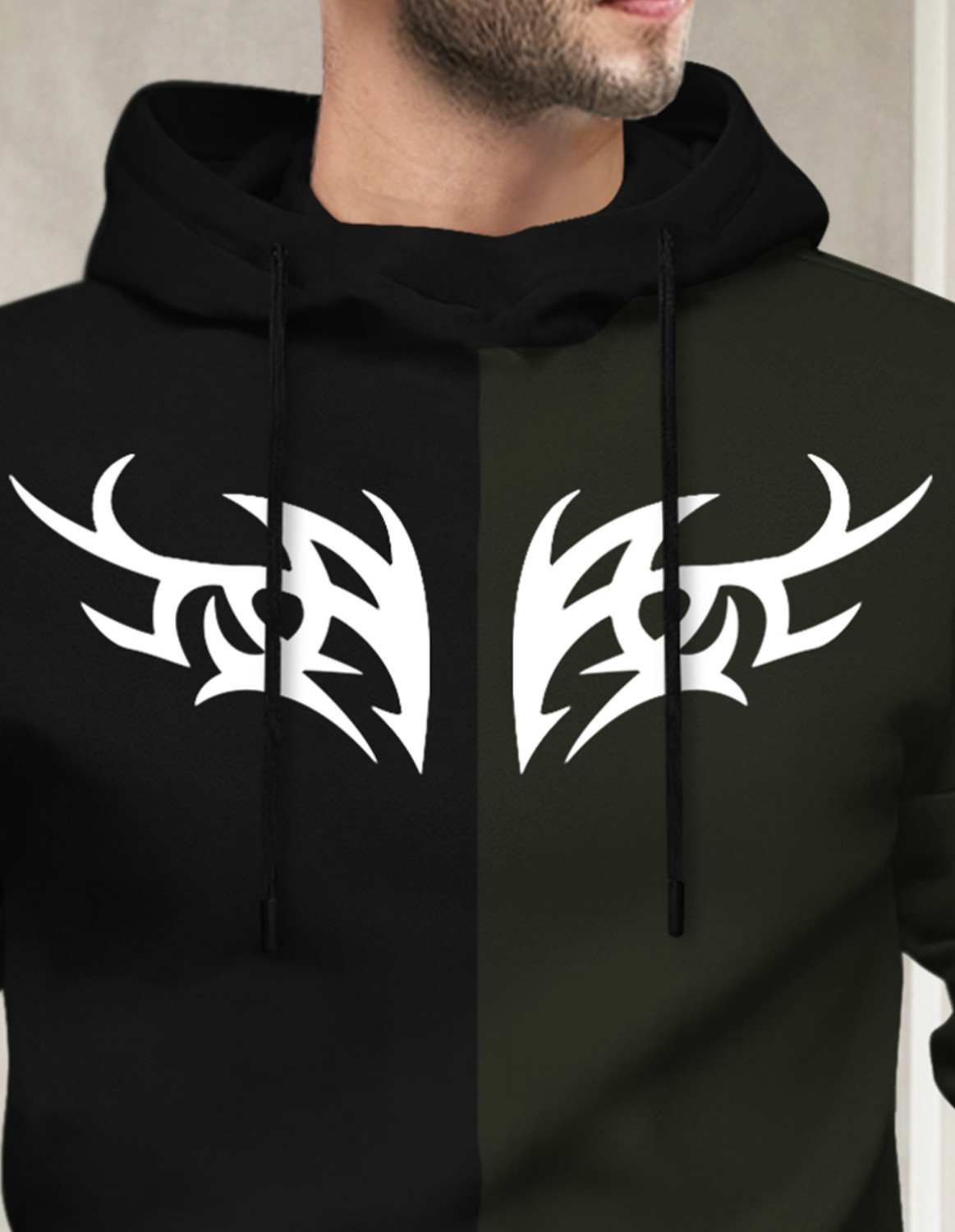 Image of TESSERACT Printed Men Hooded Neck Black, Dark Green T-Shirt