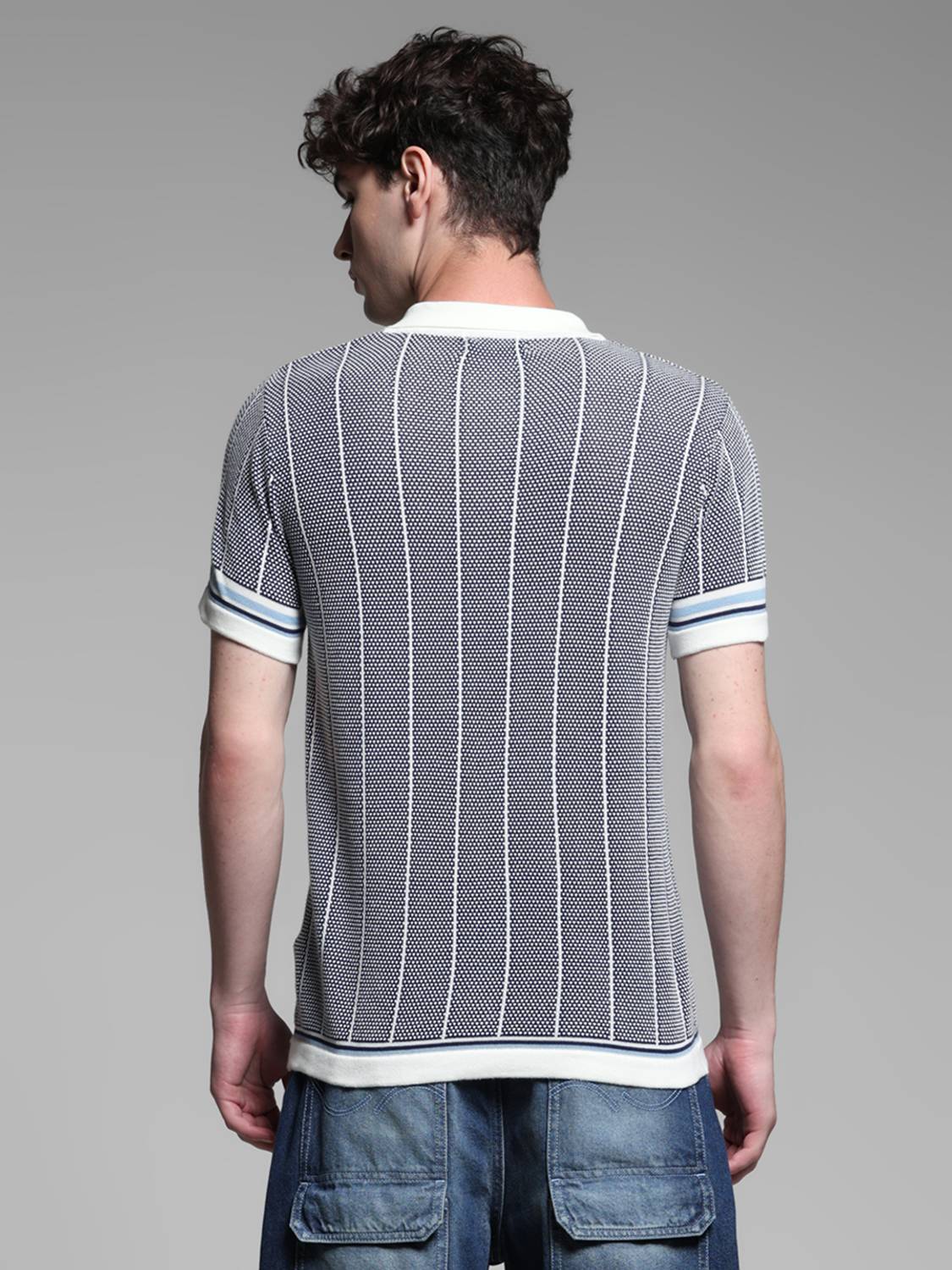 JACK & JONES Striped Grey Polo Neck T-Shirt - Image 4