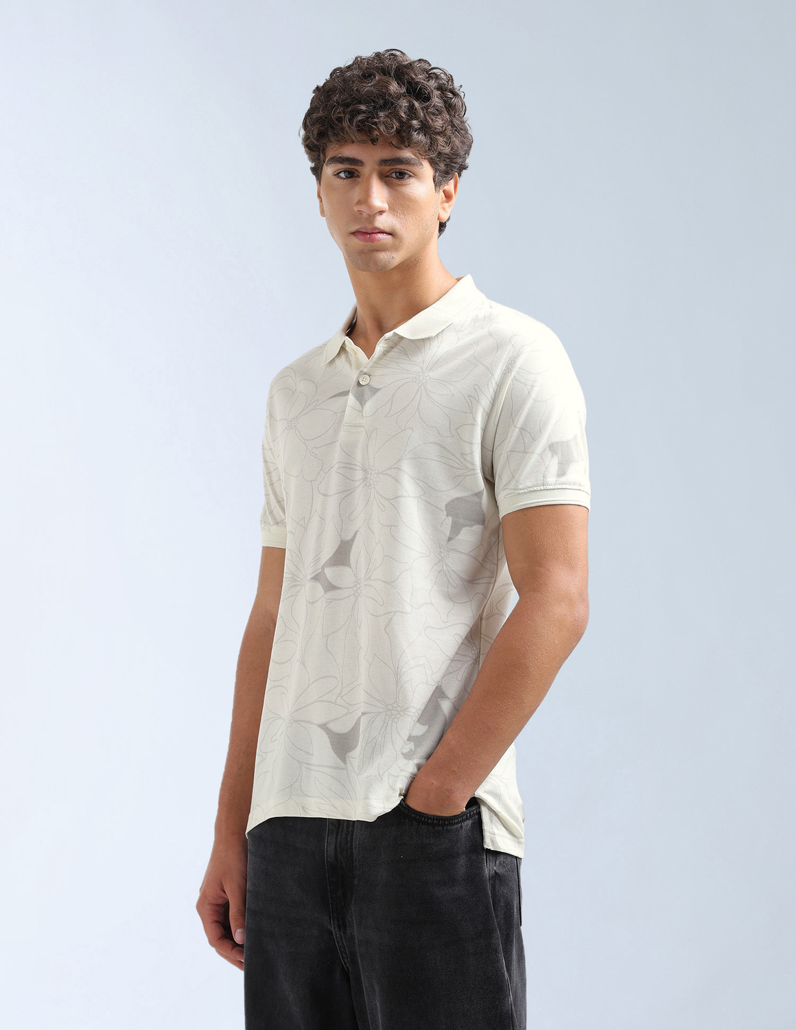 Image of FLYING MACHINE Printed Men Polo Neck White T-Shirt