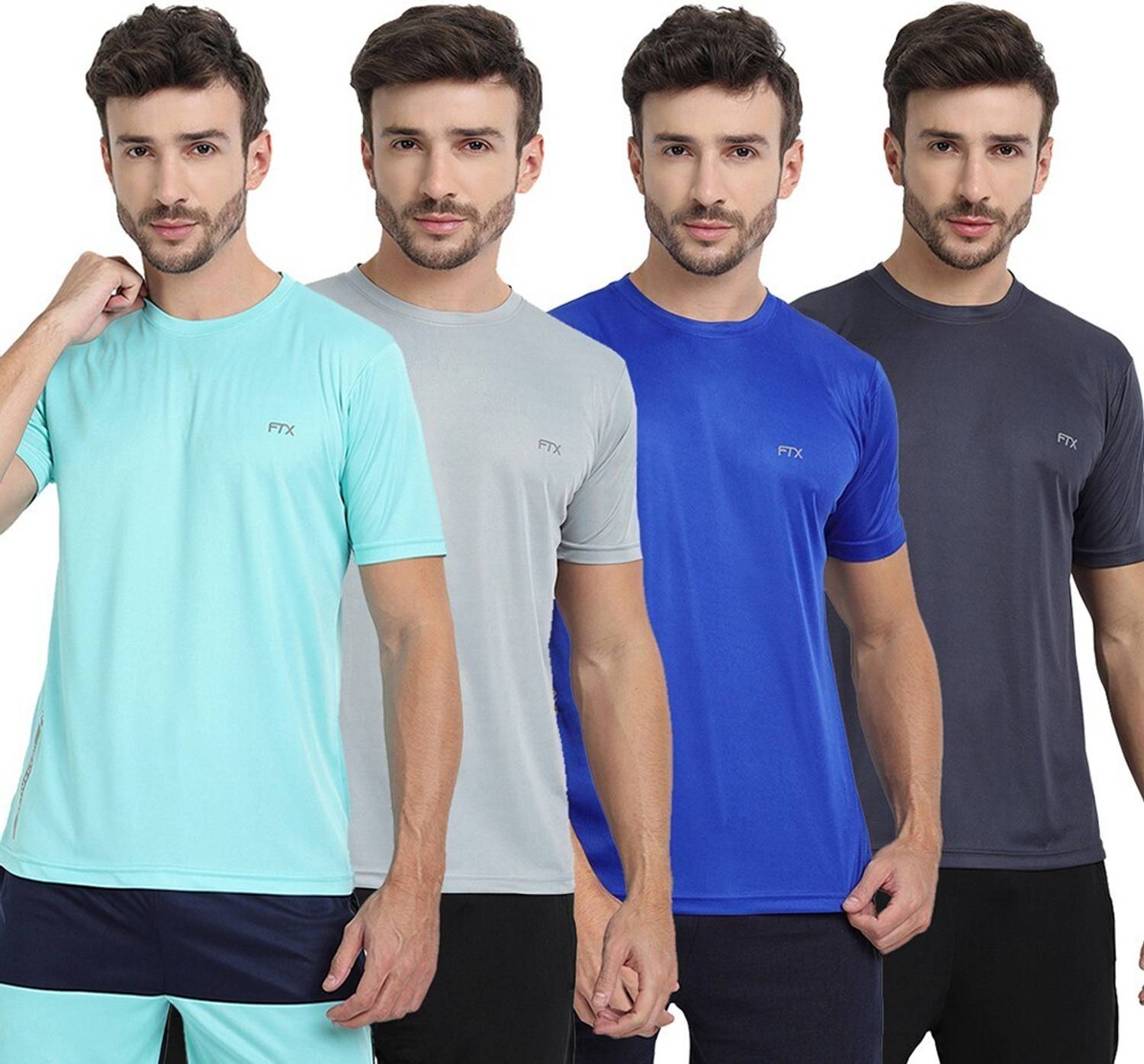 FTX Pack of 4 Men Solid Round Neck Polyester Silver, Light Blue,