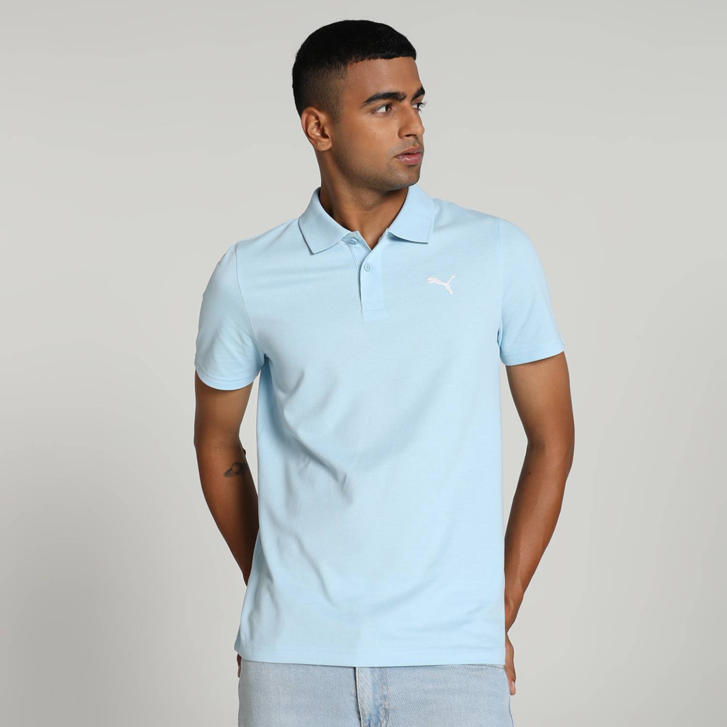 PUMA Ms Ess Men Solid Polo Neck Pure Cotton Blue T-Shirt