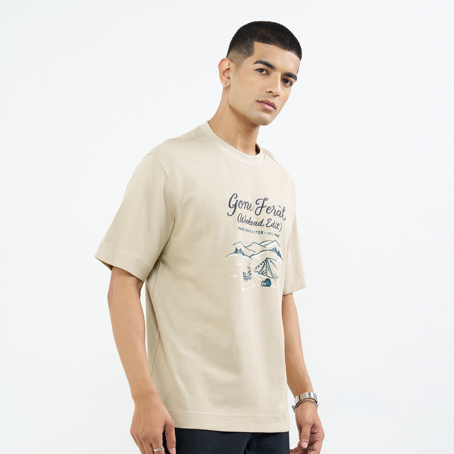 Image of SF Jeans by Pantaloons Men Embroidered Round Neck Pure Cotton Beige T-Shirt