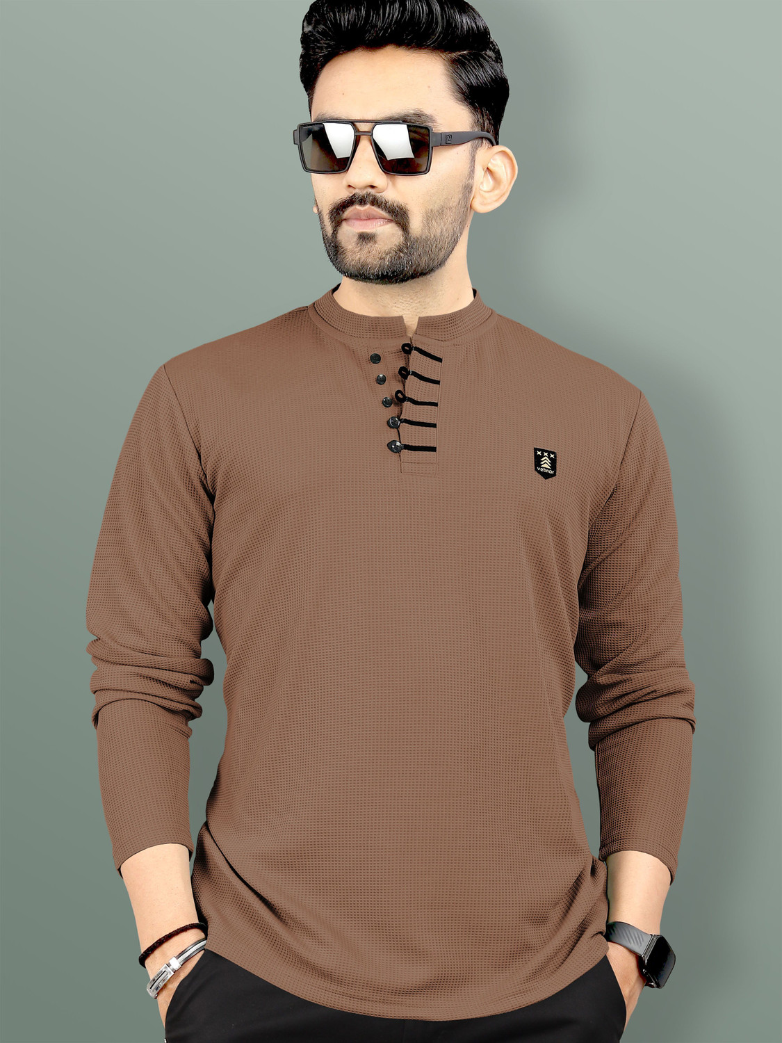 Image of VeBNoR Self Design Men Polo Neck Brown T-Shirt