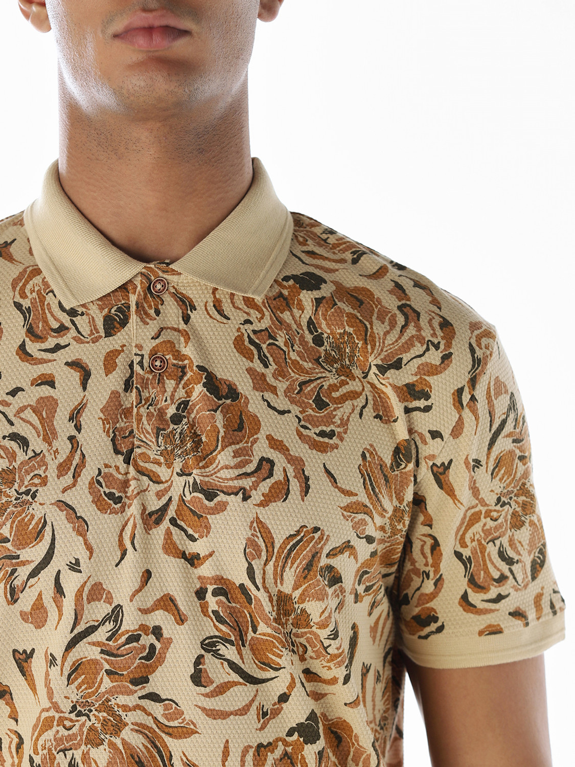 Image of JACK & JONES Men Printed Polo Neck Cotton Blend Beige T-Shirt