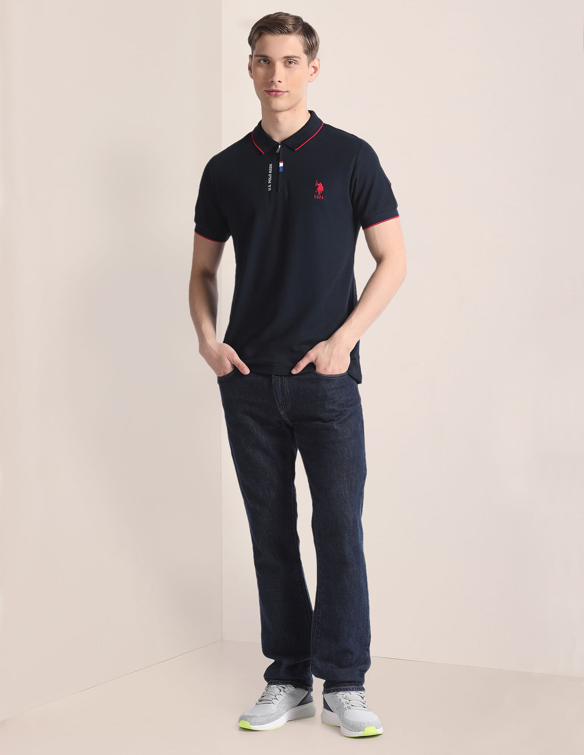 Image of U.S. POLO ASSN. Solid Men Polo Neck Blue T-Shirt