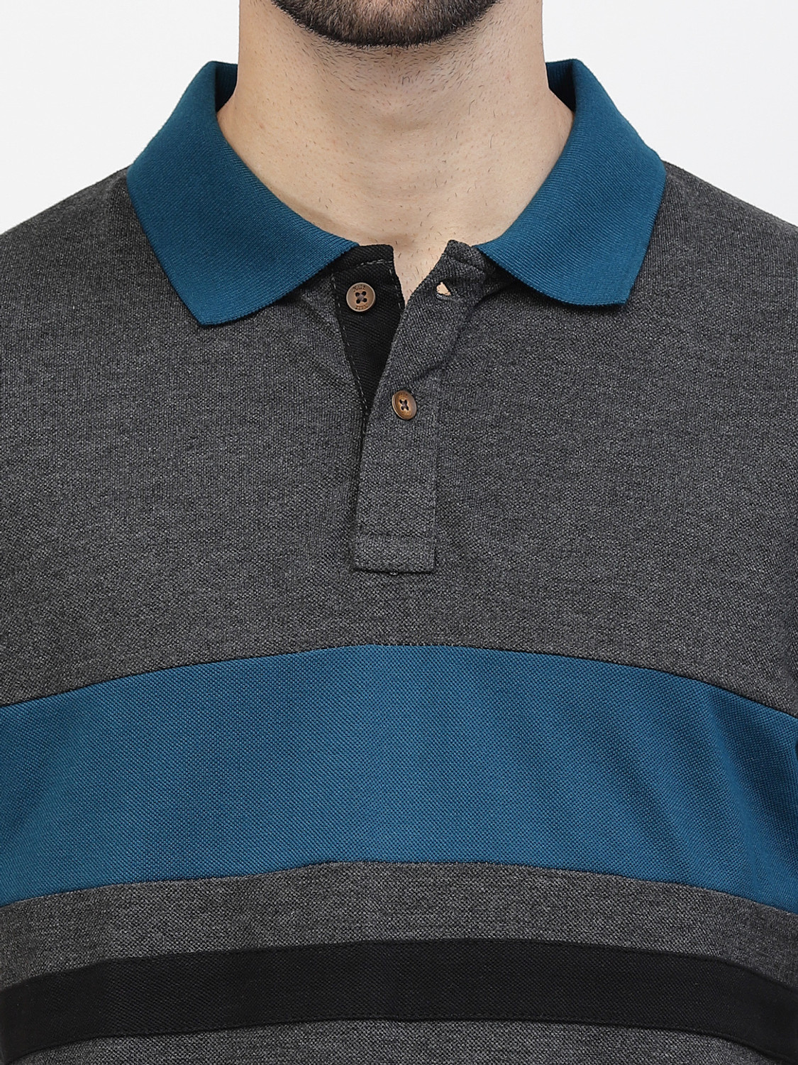 Image of KALT Striped Men Polo Neck Black, Grey, Blue T-Shirt