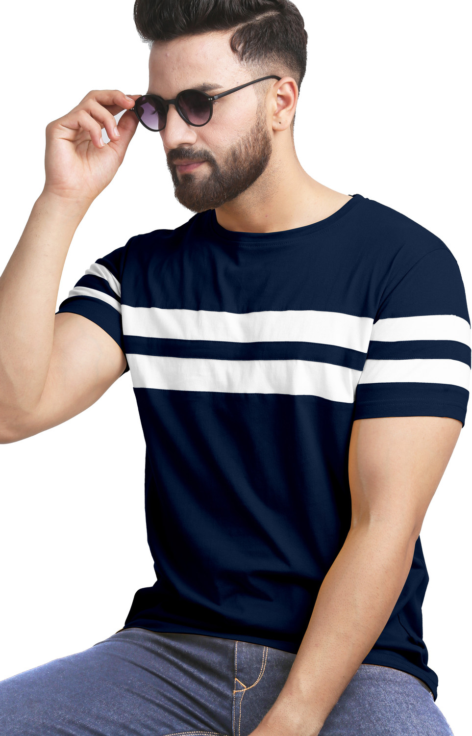 Image of AUSK Striped Men Round Neck Navy Blue, Dark Green T-Shirt