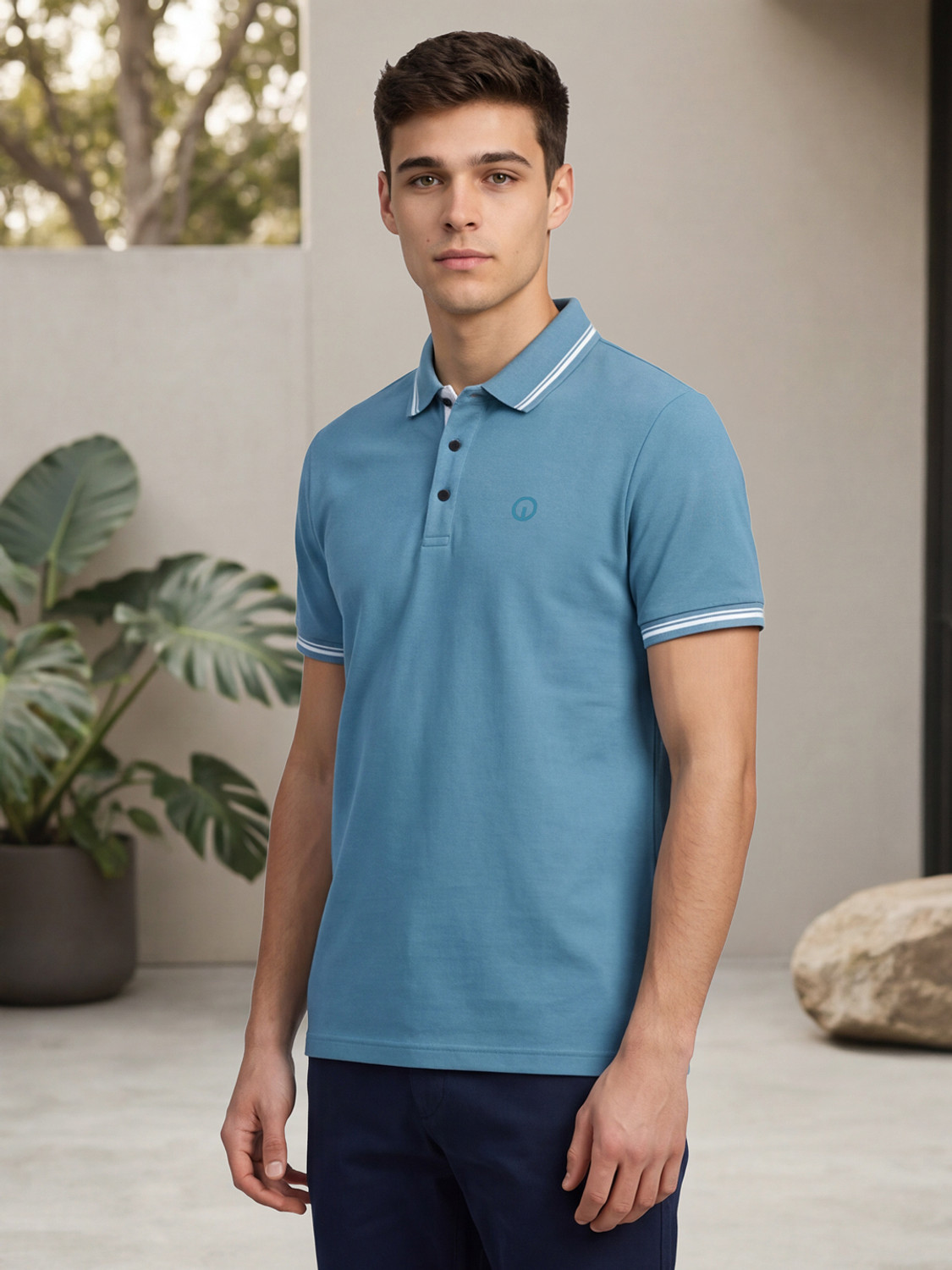 Image of INTEGRITI Solid Men Polo Neck Light Blue T-Shirt