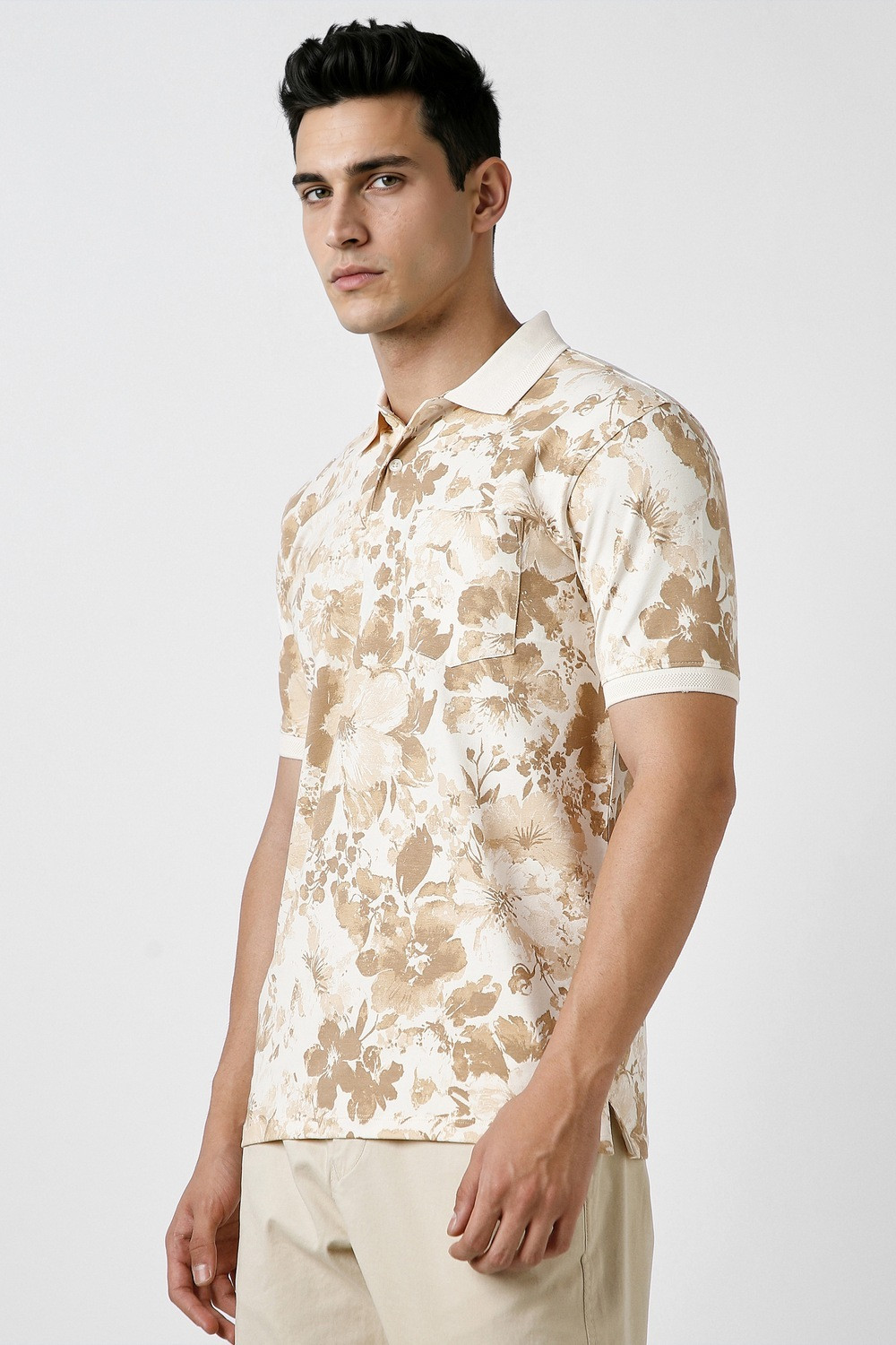 Image of PETER ENGLAND Printed Men Polo Neck Beige T-Shirt