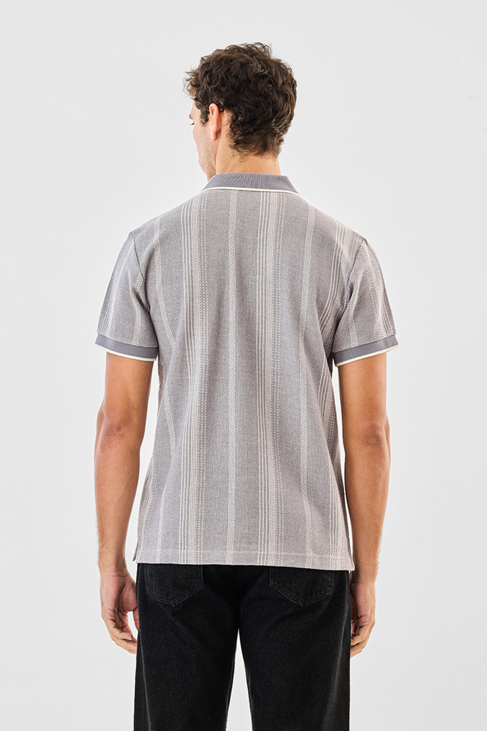 Image of Snitch Self Design, Striped Men Polo Neck Grey T-Shirt
