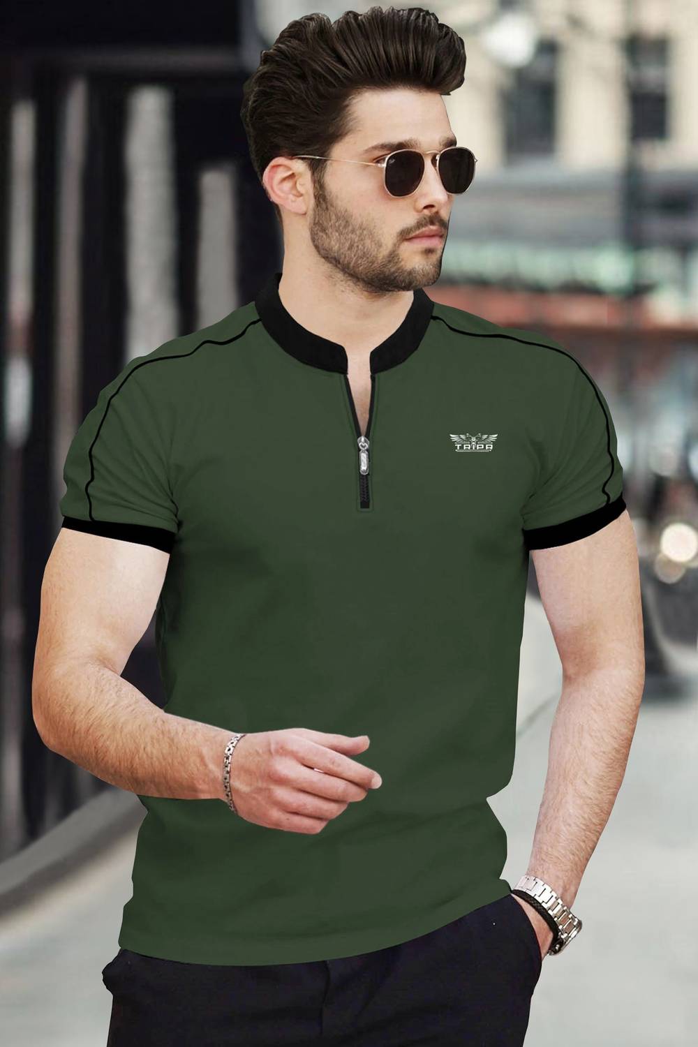TRIPR Men Solid Mandarin Collar Cotton Blend Dark Green T-Shirt