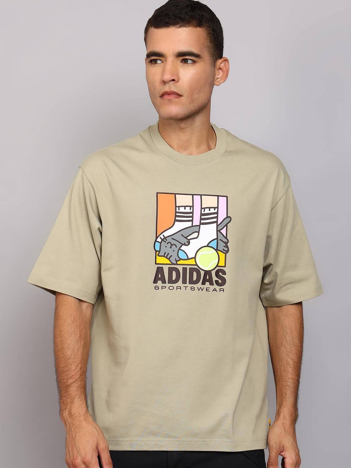 ADIDAS Graphic Print Men Crew Neck Beige T-Shirt
