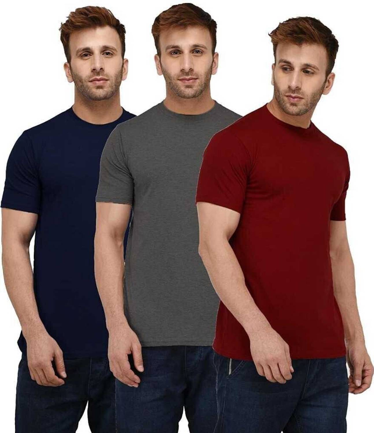 INKKR Pack of 3 Men Solid Round Neck Cotton Blend Multicolor T-Sh