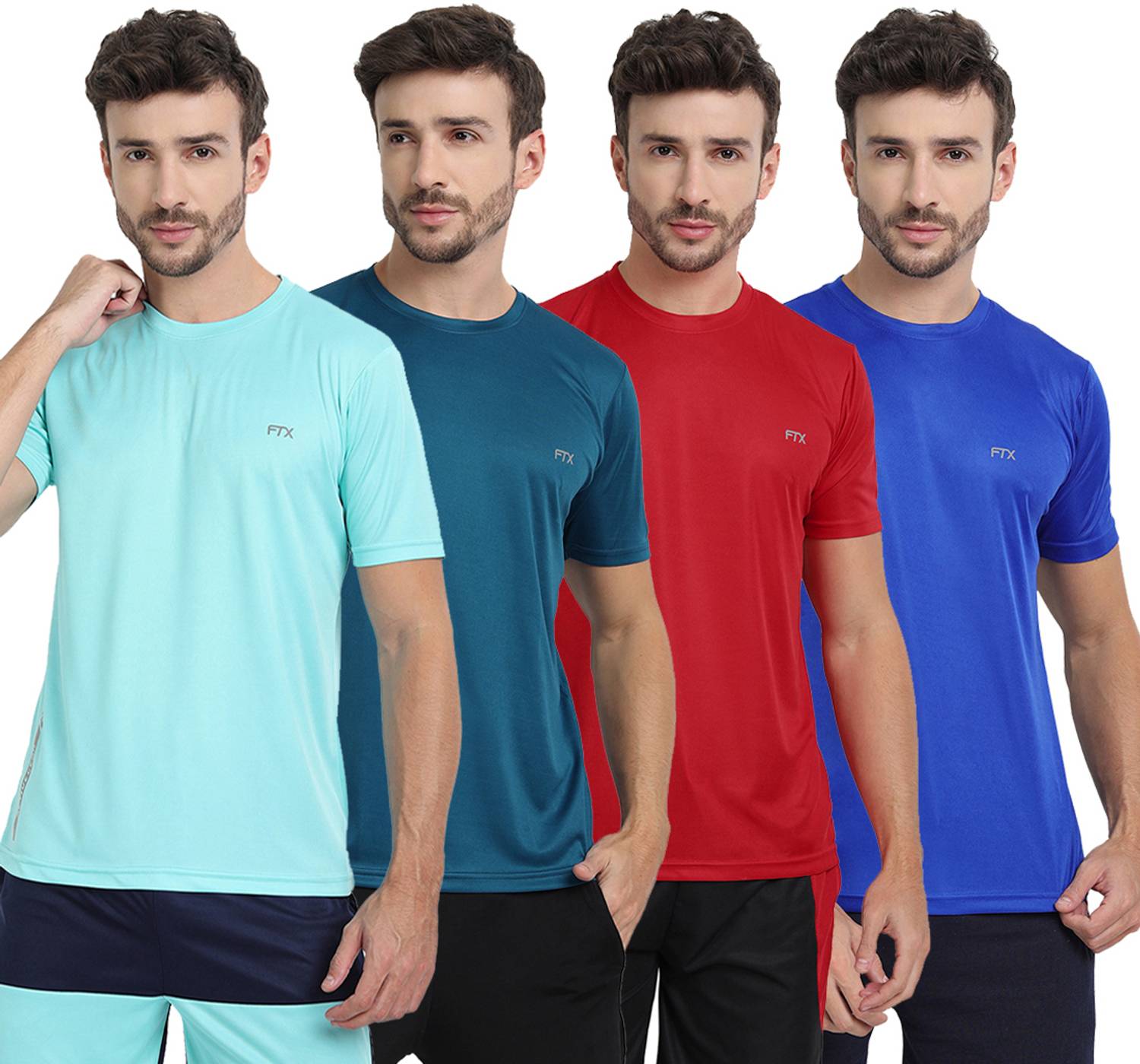 FTX Pack of 4 Men Solid Round Neck Polyester Light Blue, Red, Blu