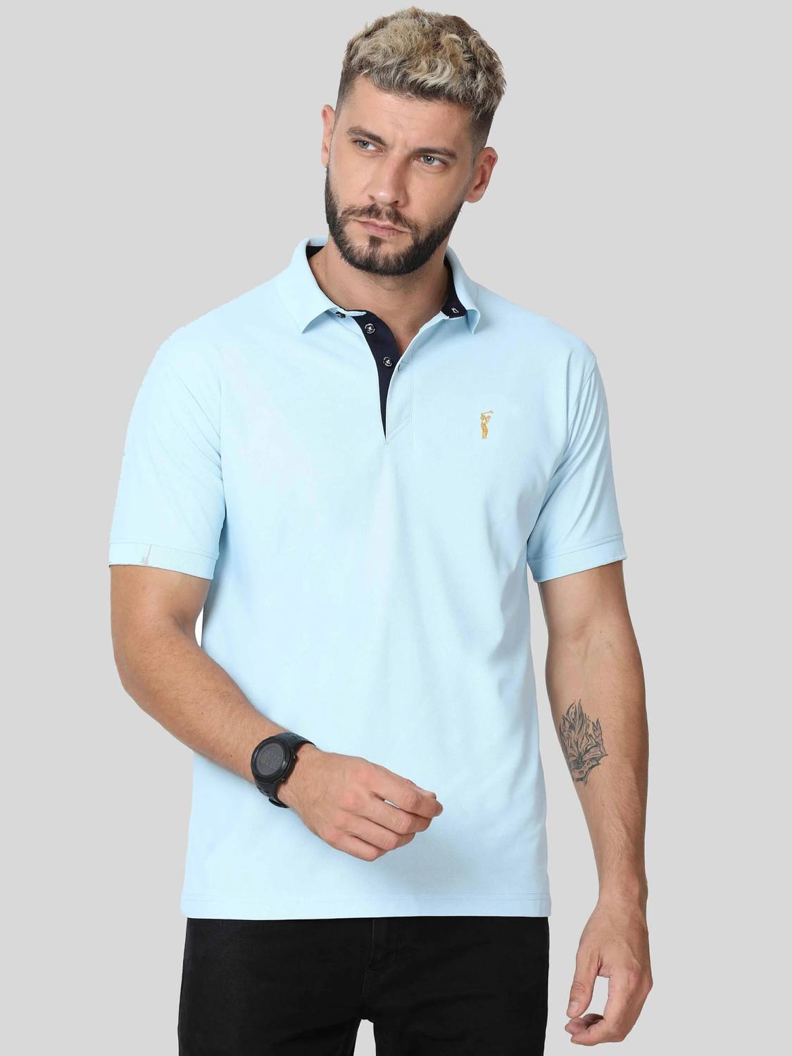 Stellers Men Solid Polo Neck Polyester Light Blue T-Shirt