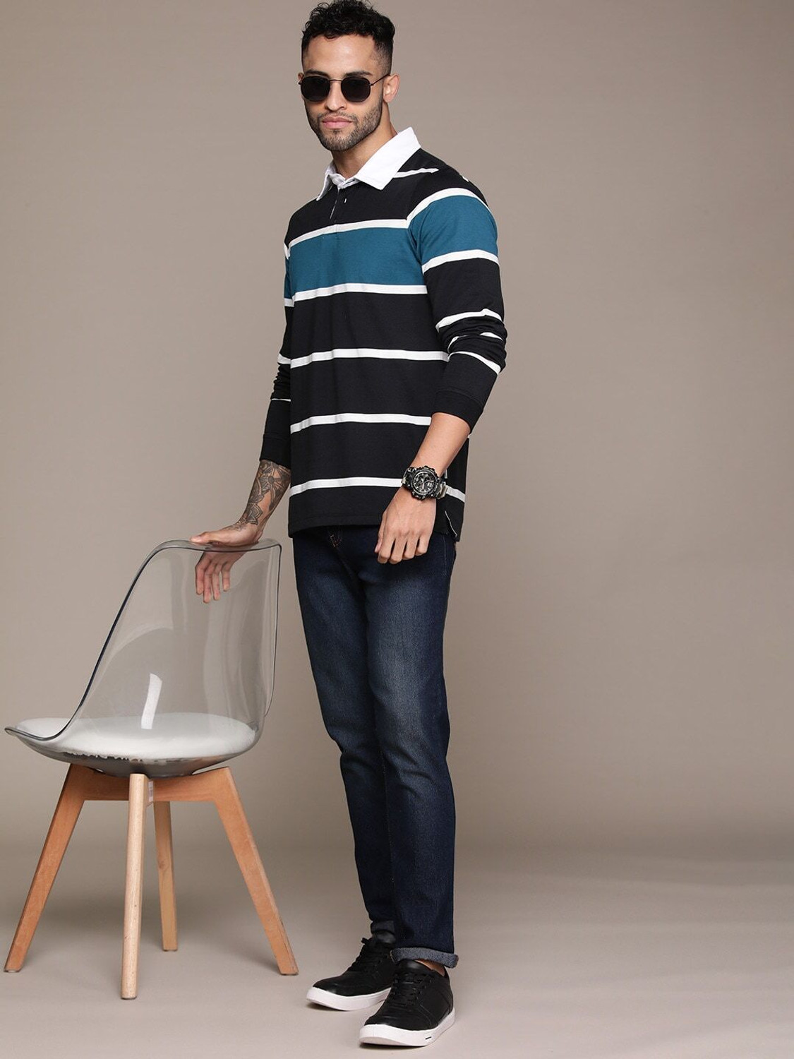 Image of Roadster Striped Men Polo Neck Blue T-Shirt