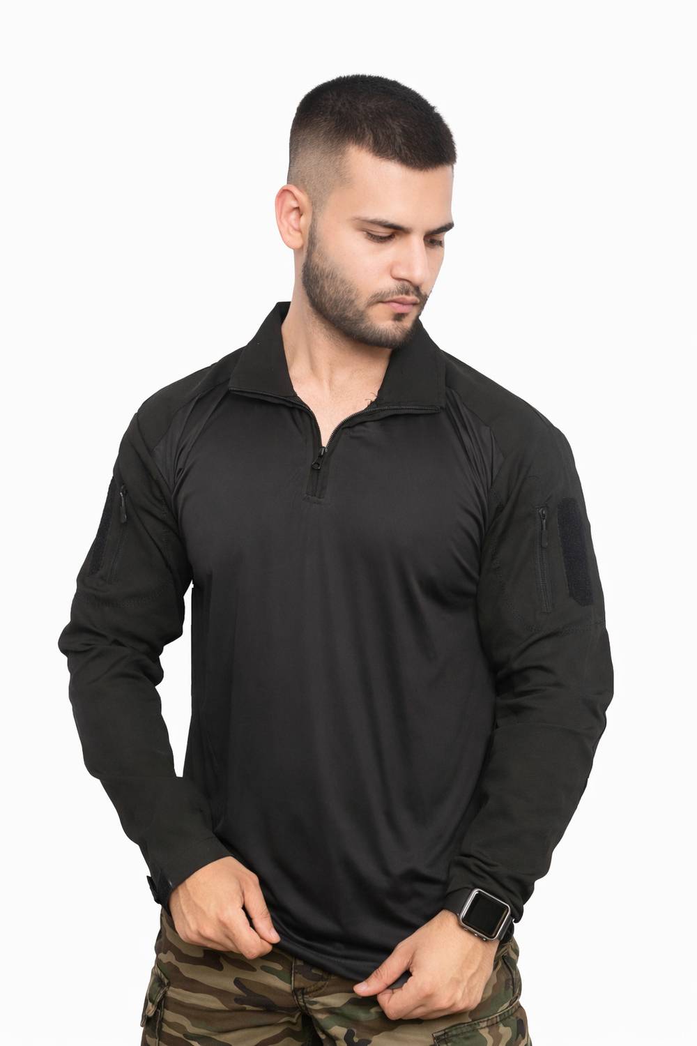 ONEBIT Solid Men Zip Neck Black T-Shirt