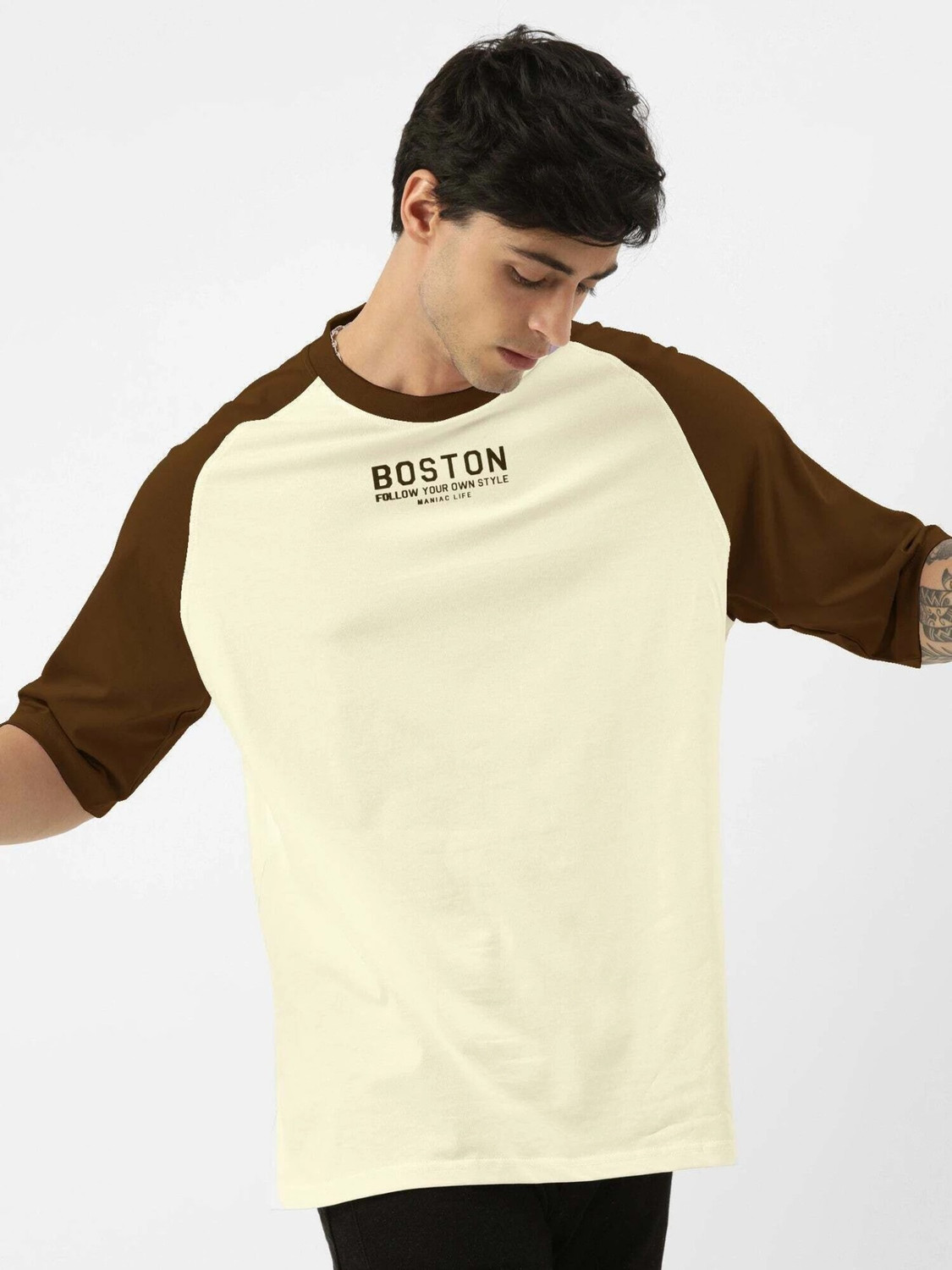 Image of MANIAC Printed Men Round Neck Beige T-Shirt