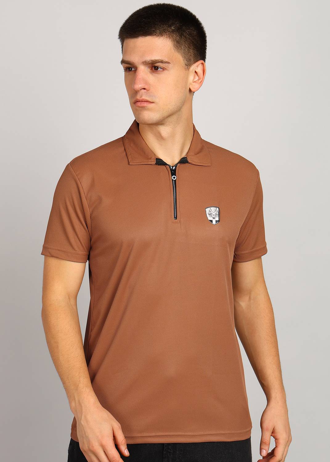 3BROS Solid Men Polo Neck Brown T-Shirt