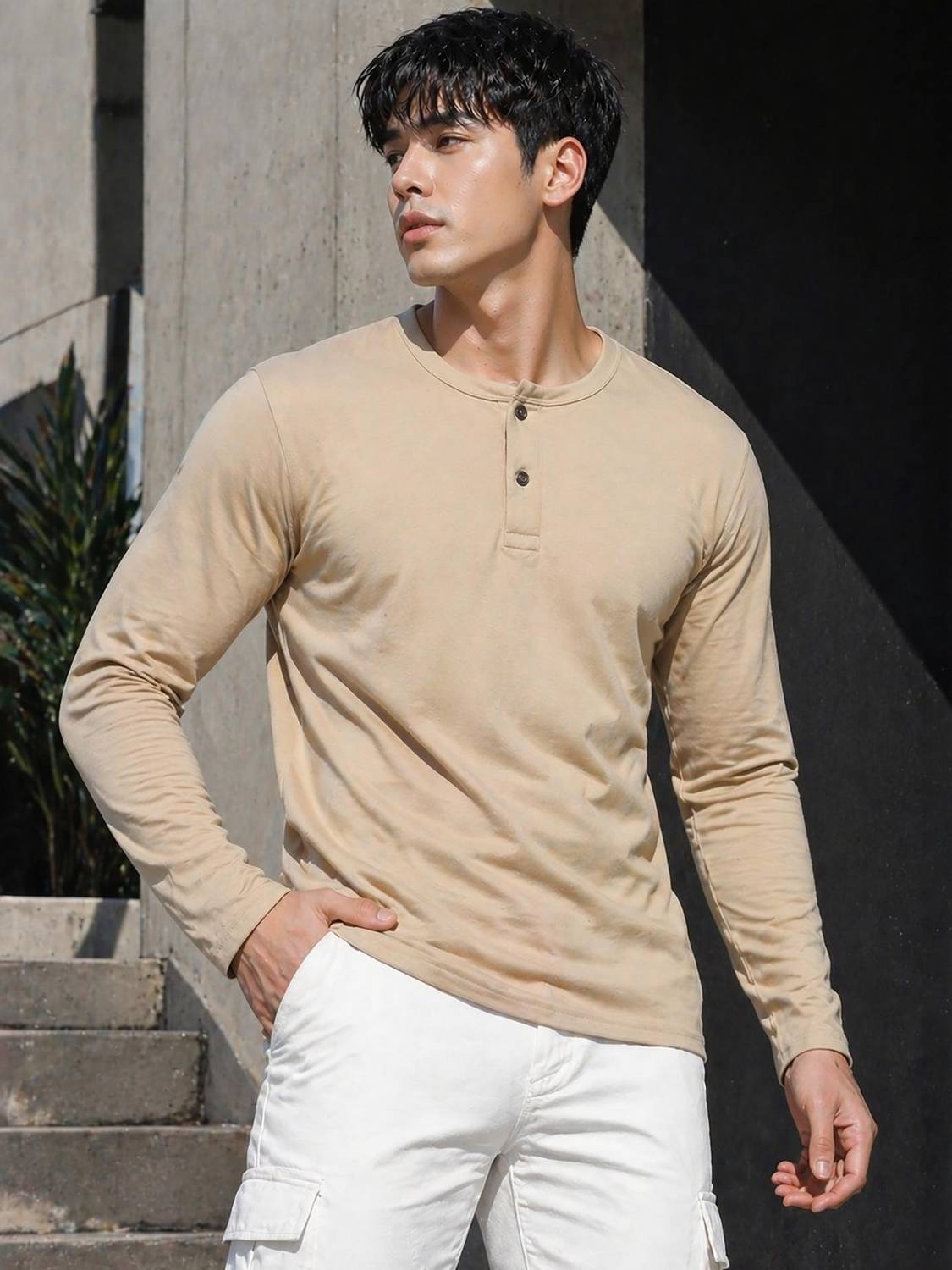 Creation London Hills Men Beige Henley Neck T-Shirt - Image 1
