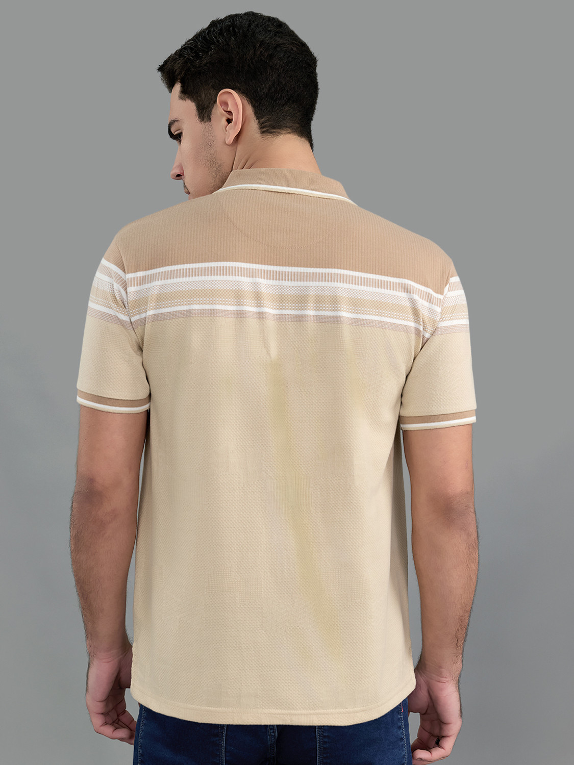Image of MONTE CARLO Men Striped Polo Neck Cotton Blend Brown T-Shirt