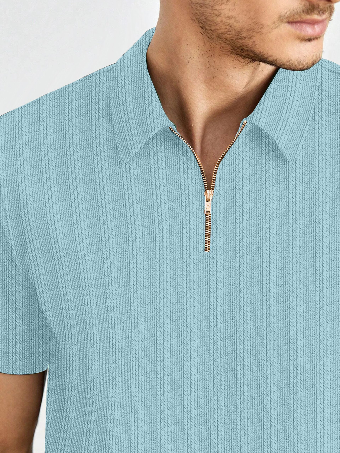 Image of COMBRAIDED Striped Men Zip Neck Light Blue T-Shirt