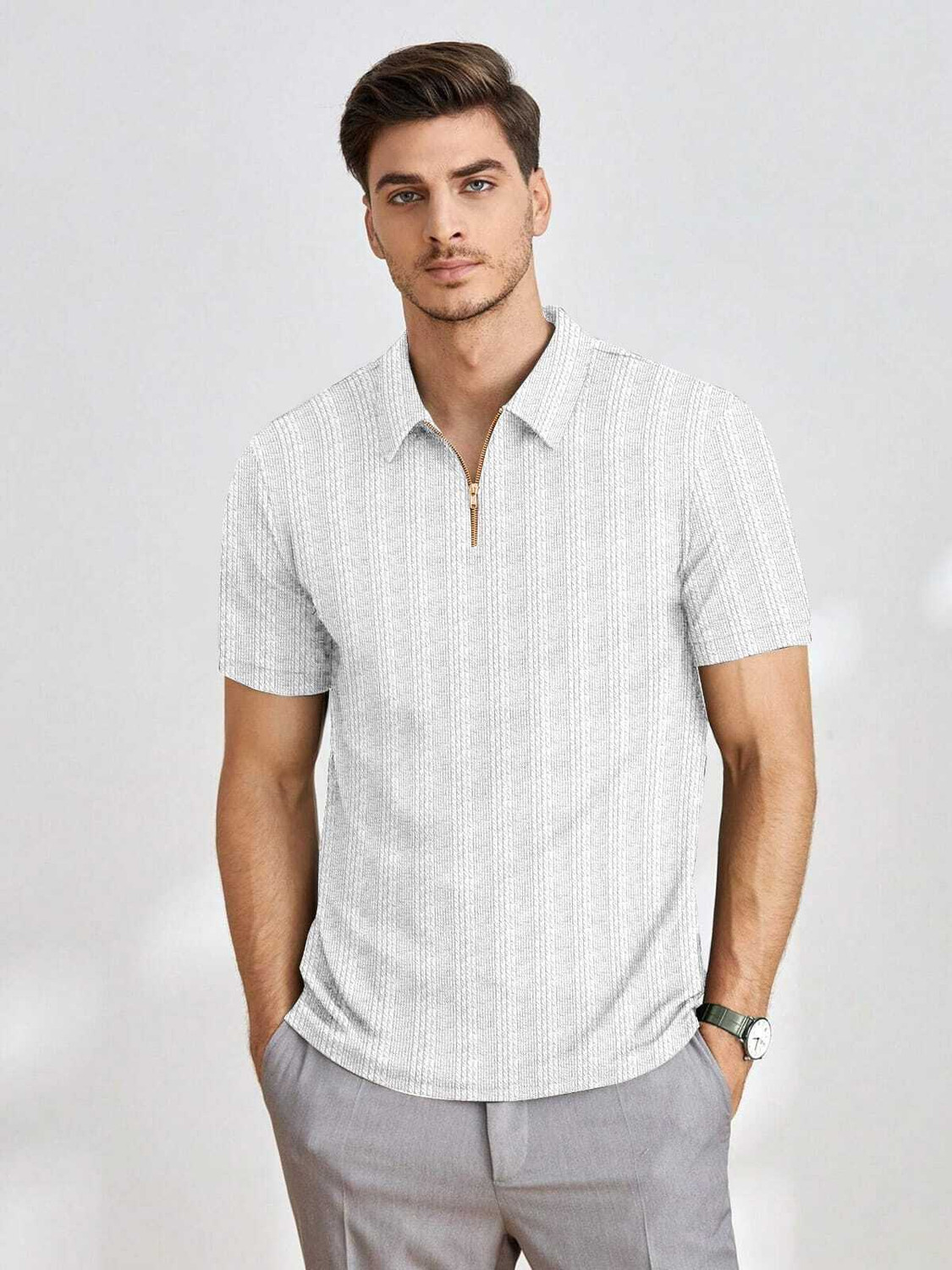 Image of BROWEARS Striped Men Polo Neck White T-Shirt