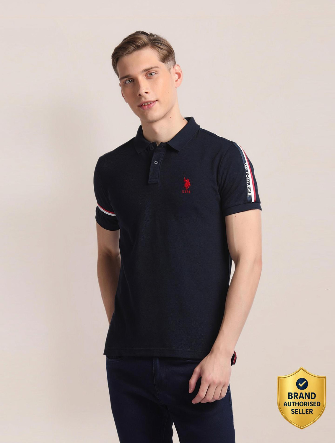 Image of U.S. POLO ASSN. Solid Men Polo Neck Blue T-Shirt