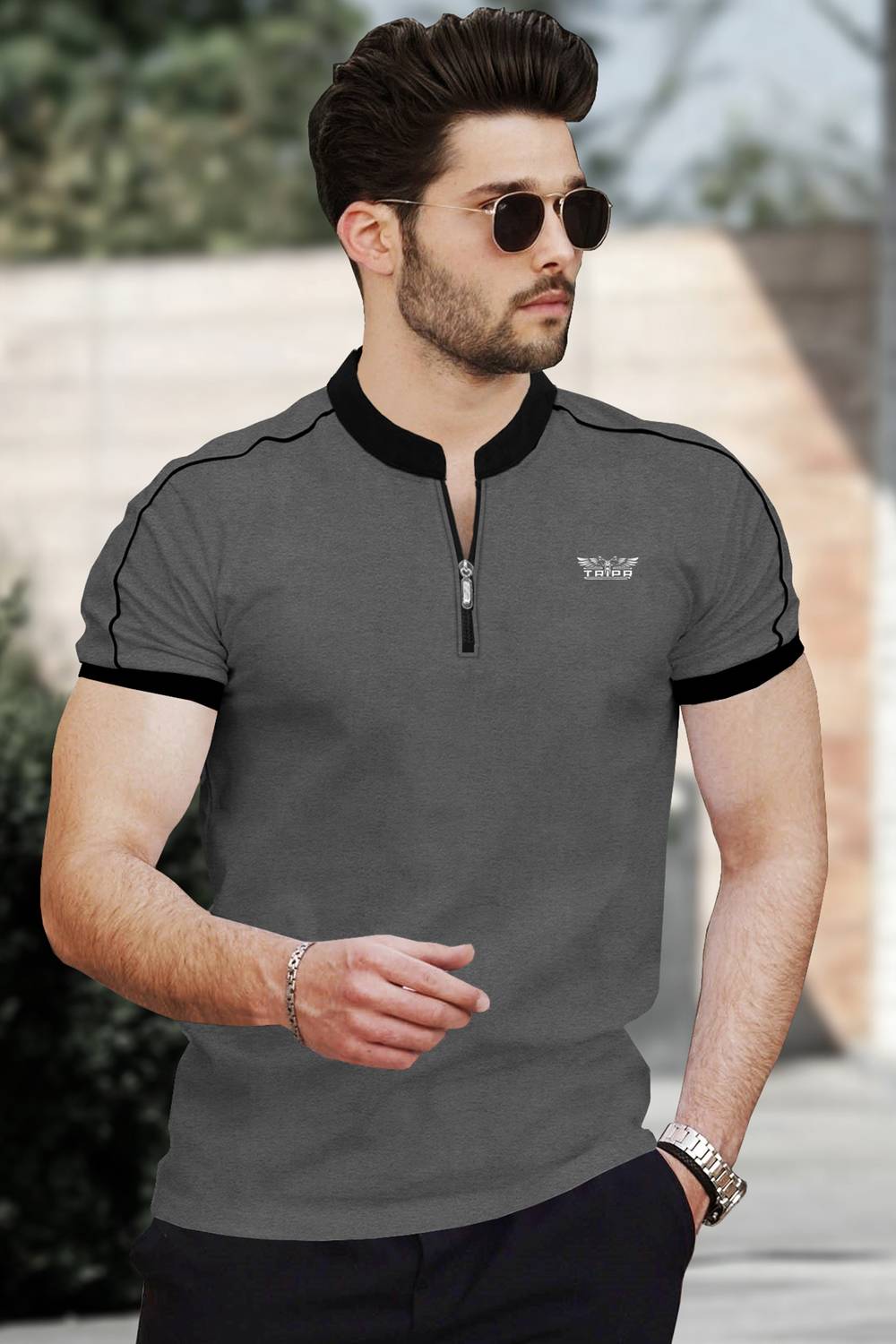 TRIPR Men Solid Mandarin Collar Cotton Blend Grey, Black T-Shirt