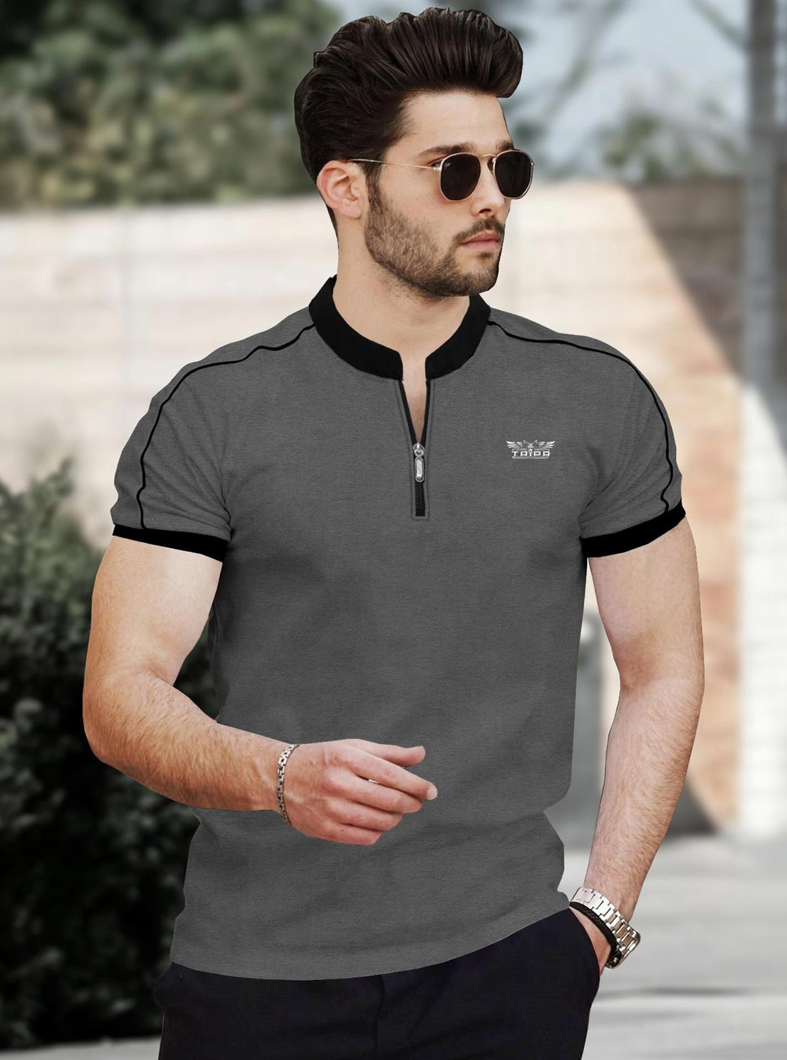 Image of TRIPR Printed Men Mandarin Collar Grey, Black T-Shirt