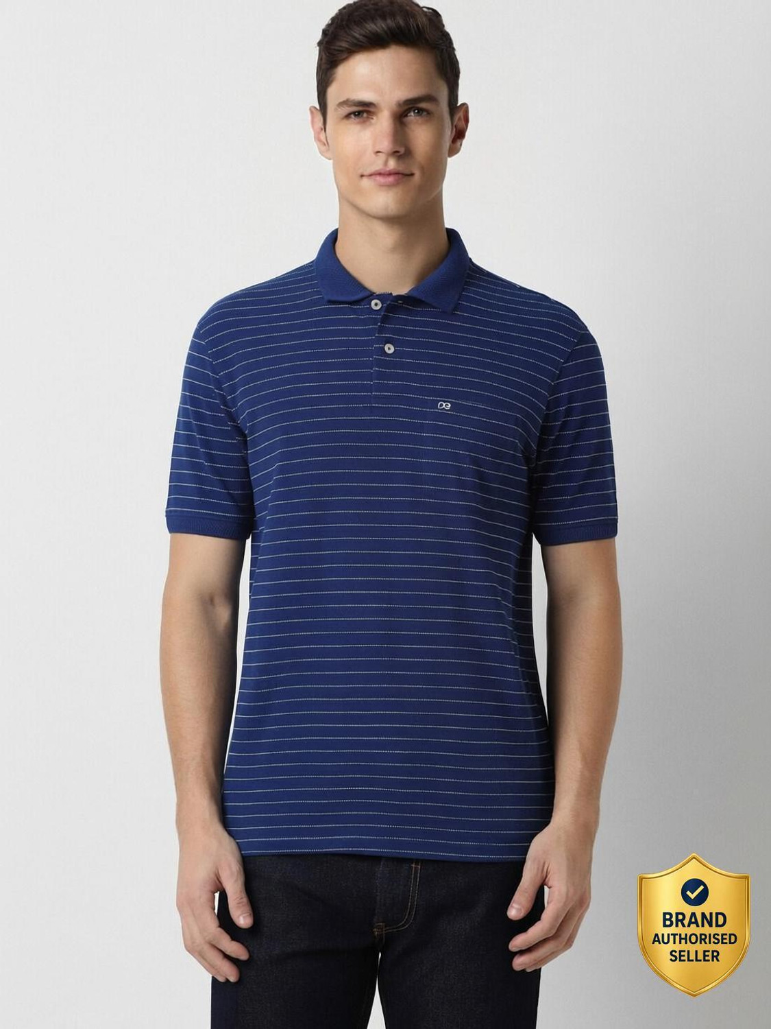 Image of PETER ENGLAND Striped Men Polo Neck Blue T-Shirt