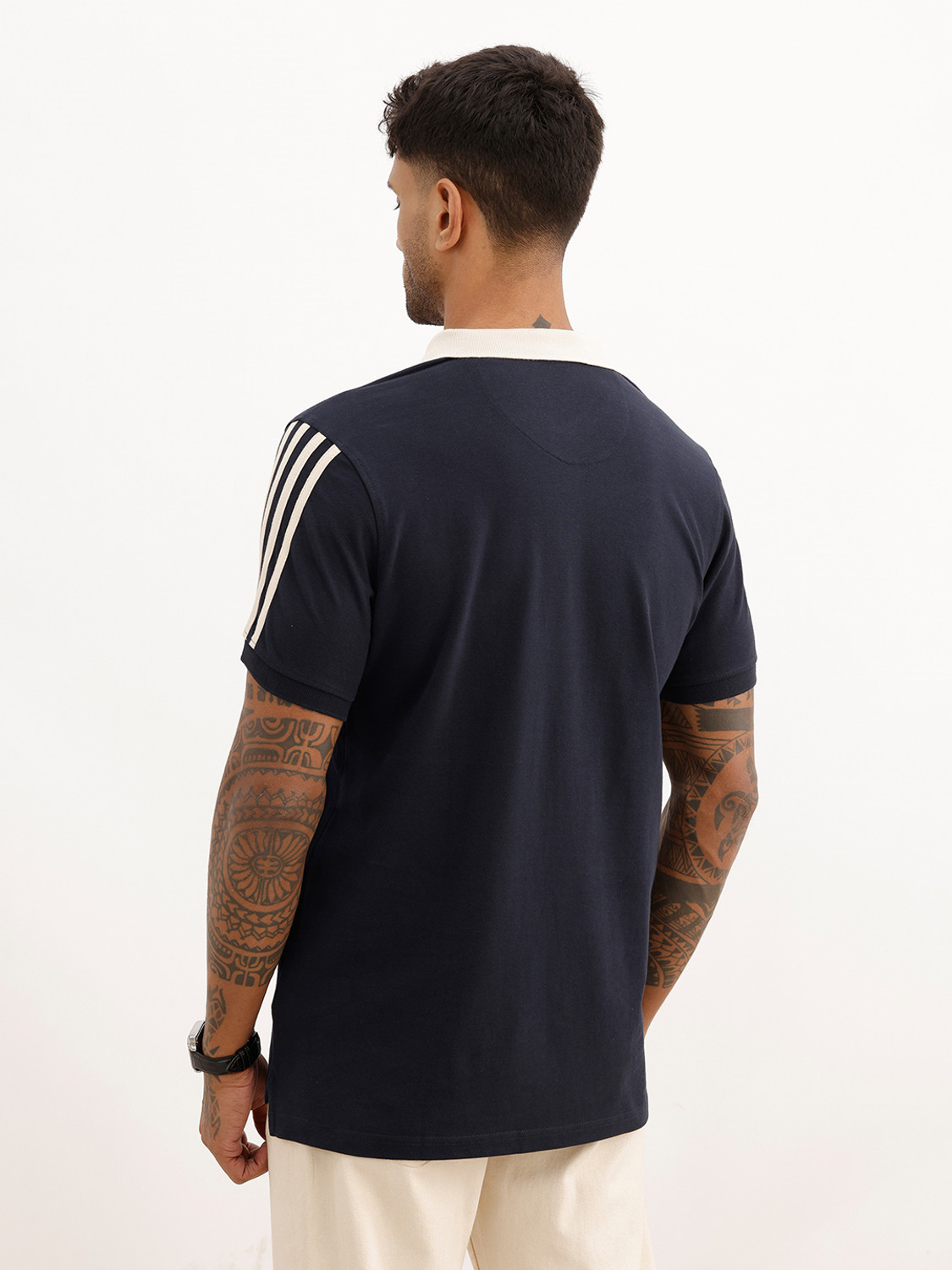 Image of WROGN Solid Men Polo Neck Navy Blue T-Shirt