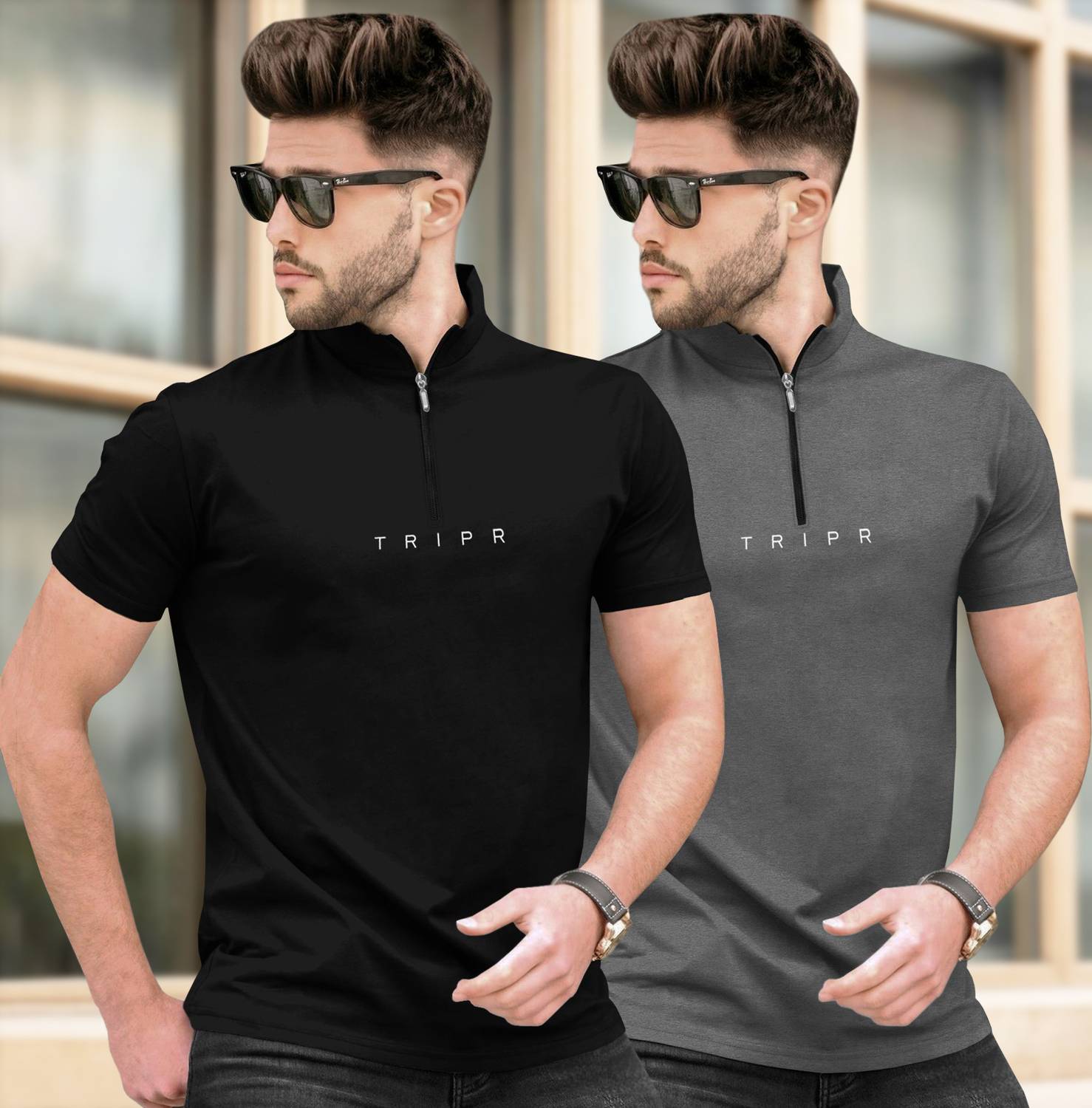 TRIPR Pack of 2 Men Typography Mandarin Collar Cotton Blend Black