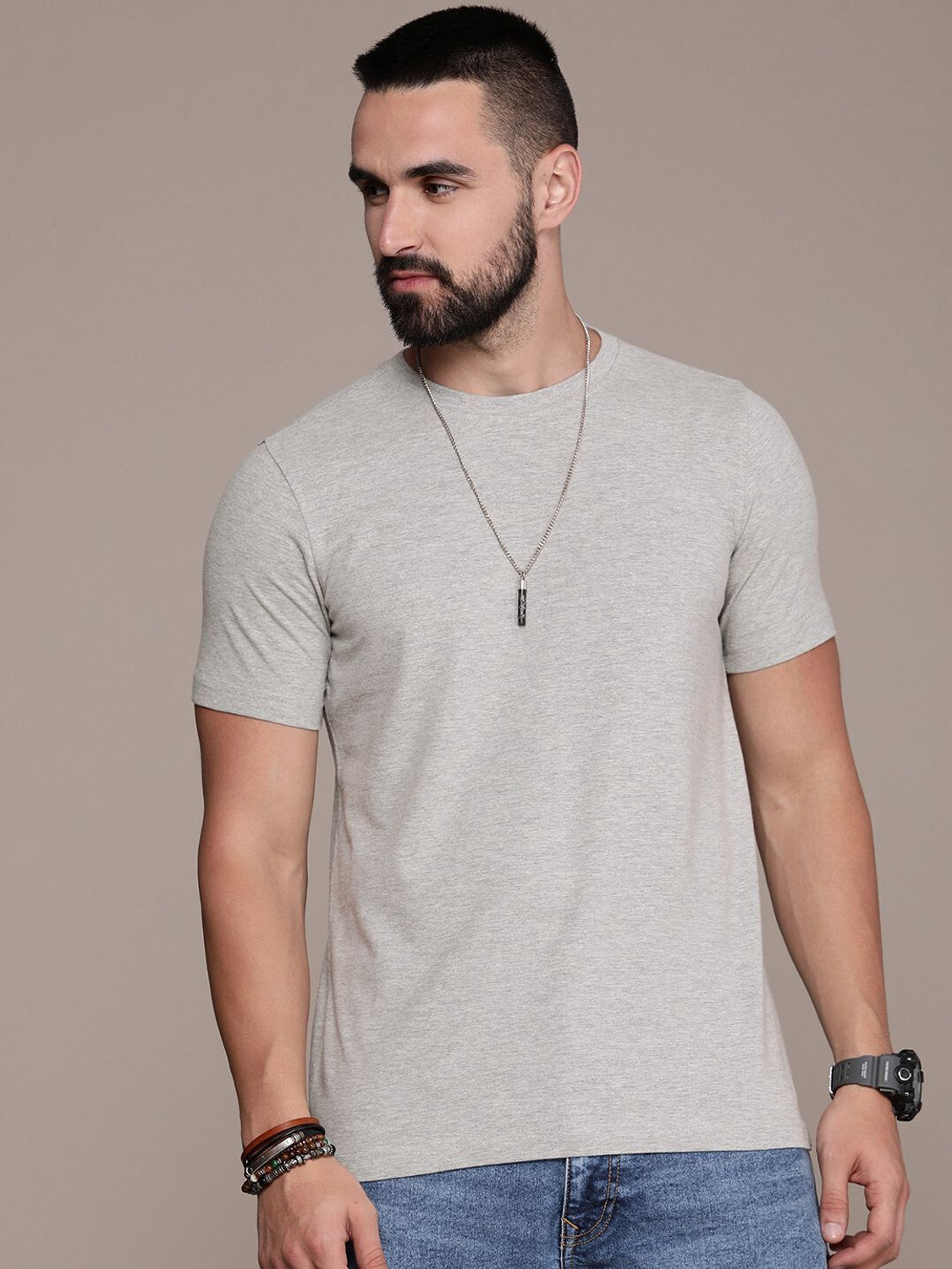 Image of Roadster Printed Men Round Neck Grey T-Shirt